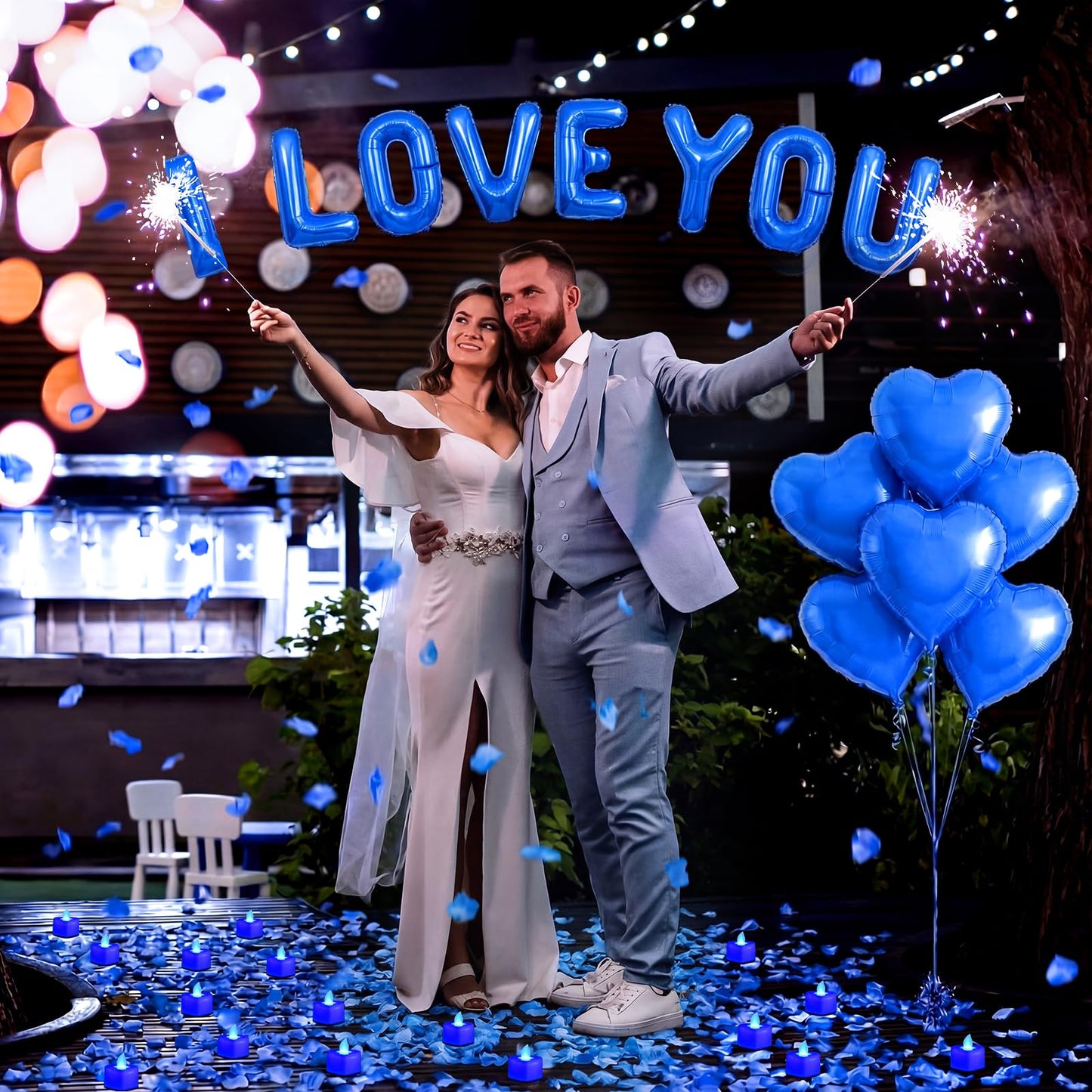 Seematn Blue Valentine's Day Balloons Kit – I Love You Banner, Heart Balloons, Flameless Candles & Rose Petals