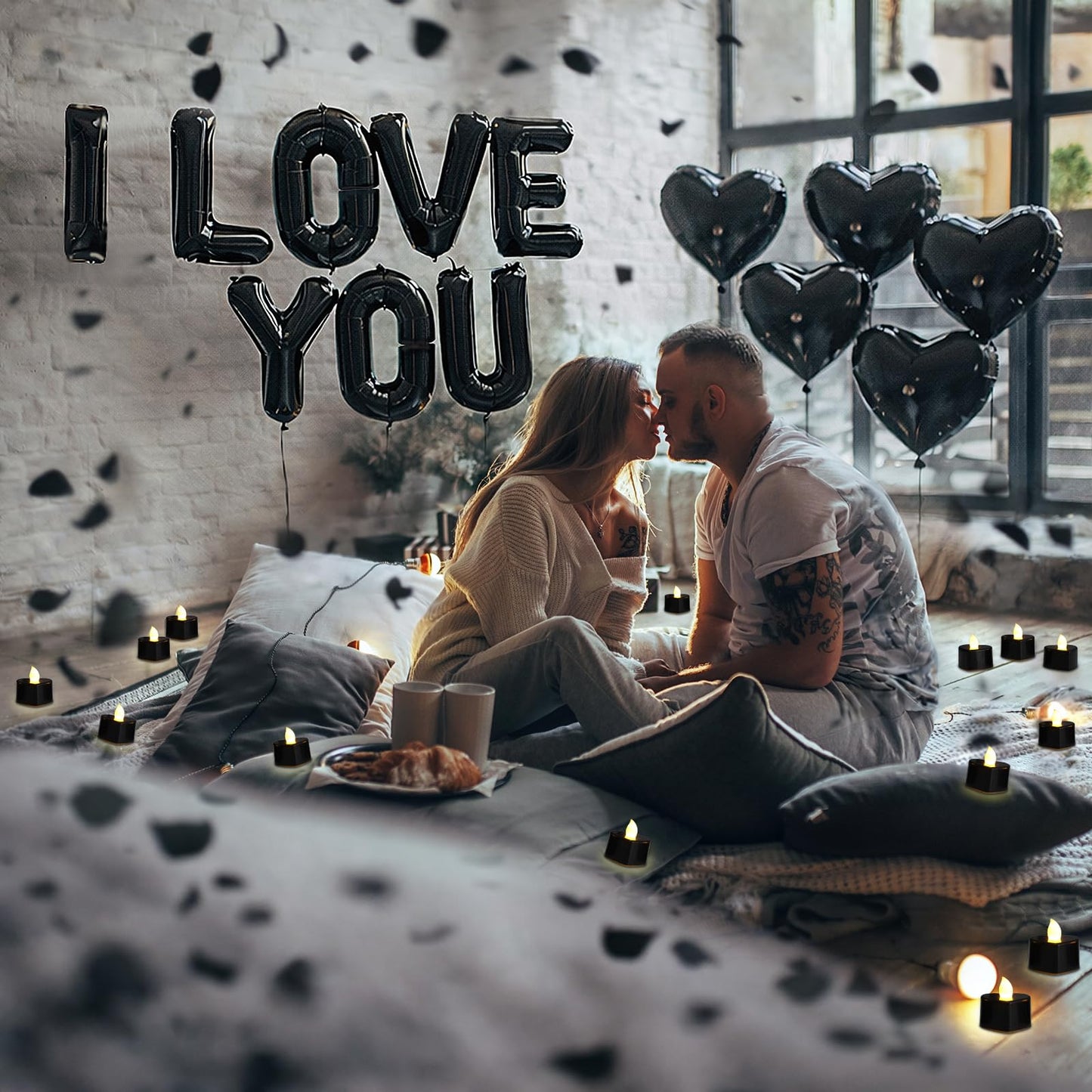 Seematn Black Valentines Day Balloons Kit – I Love You Banner, Heart Balloons & Rose Petals