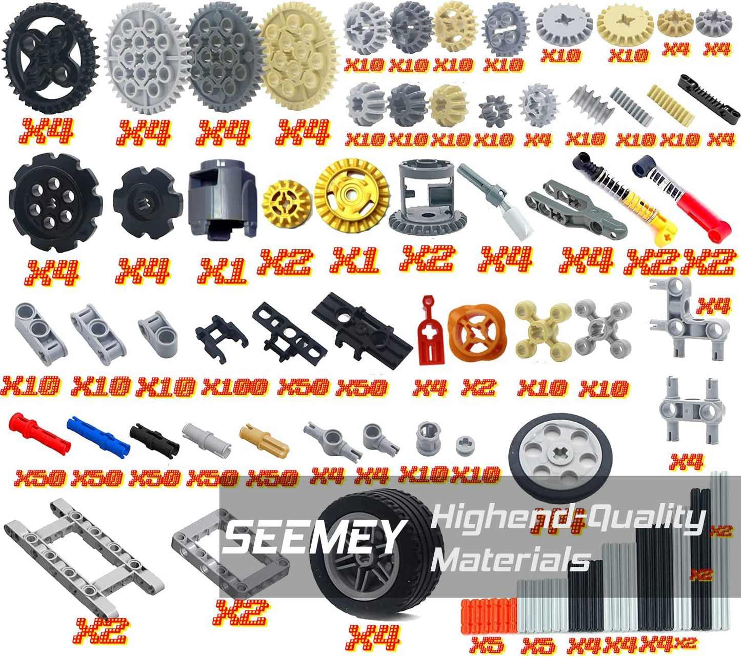 SEEMEY 844Pcs Pins-Gears-Axles Set — Compatible with Main Brands, STEM & MOC Upgrades