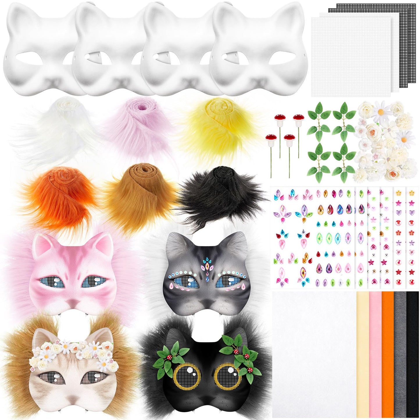 Seenelling 31 Pcs DIY Therian Mask Kit – Blank Cat Masks & Craft Materials (White)