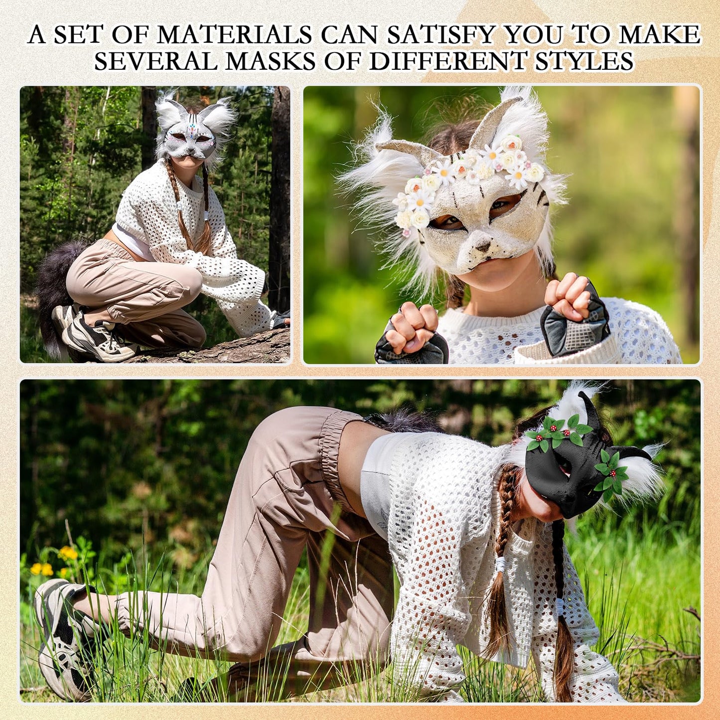 Seenelling 31 Pcs DIY Therian Mask Kit – Blank Cat Masks & Craft Materials (White)