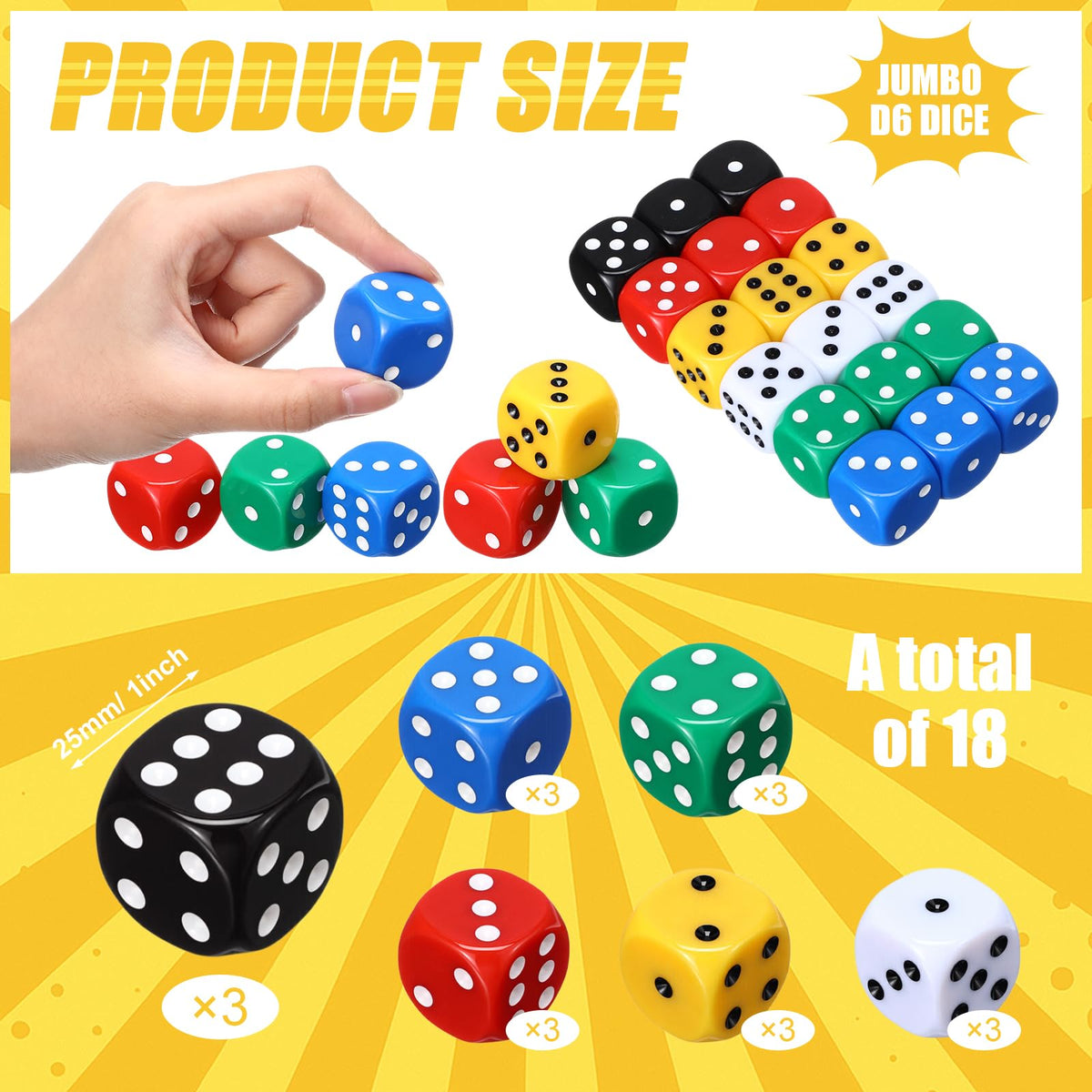 Seenelling 18 Pcs Casino Theme Dice Set – Jumbo 25mm Acrylic D6 Dice for Casino & Board Games