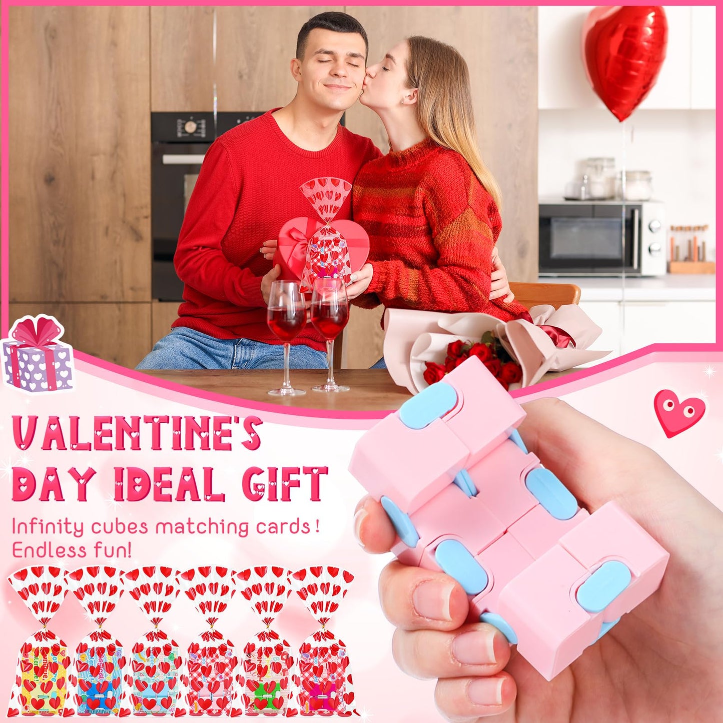 Seenelling 24-Set Valentine Infinity Cubes Gift Set with Cards & Heart Bags