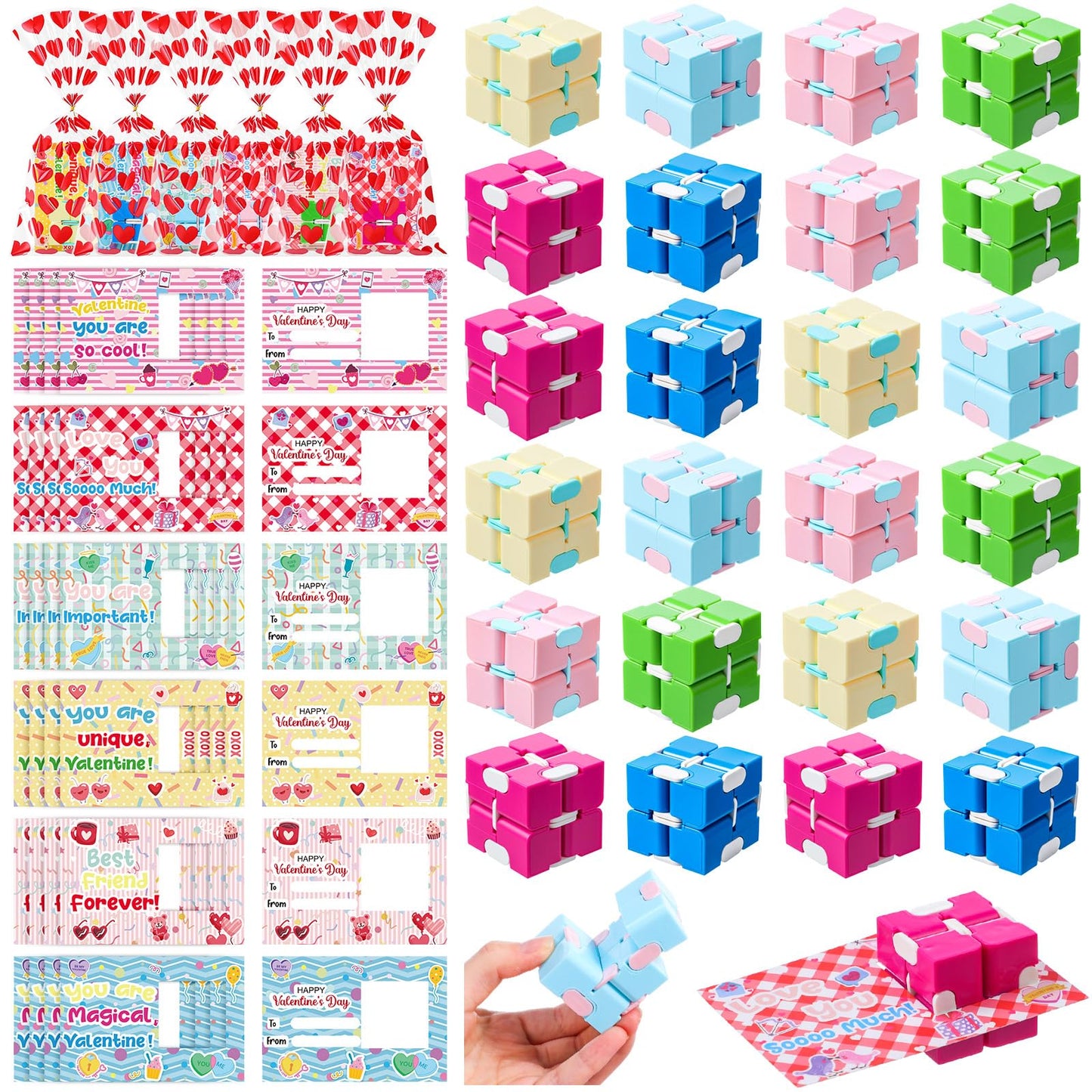 Seenelling 24-Set Valentine Infinity Cubes Gift Set with Cards & Heart Bags