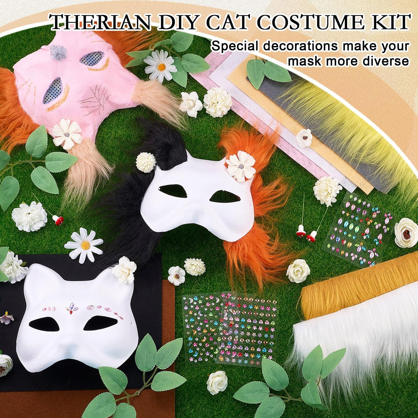 Seenelling 31 Pcs DIY Therian Mask Kit – Blank Cat Masks & Craft Materials (White)