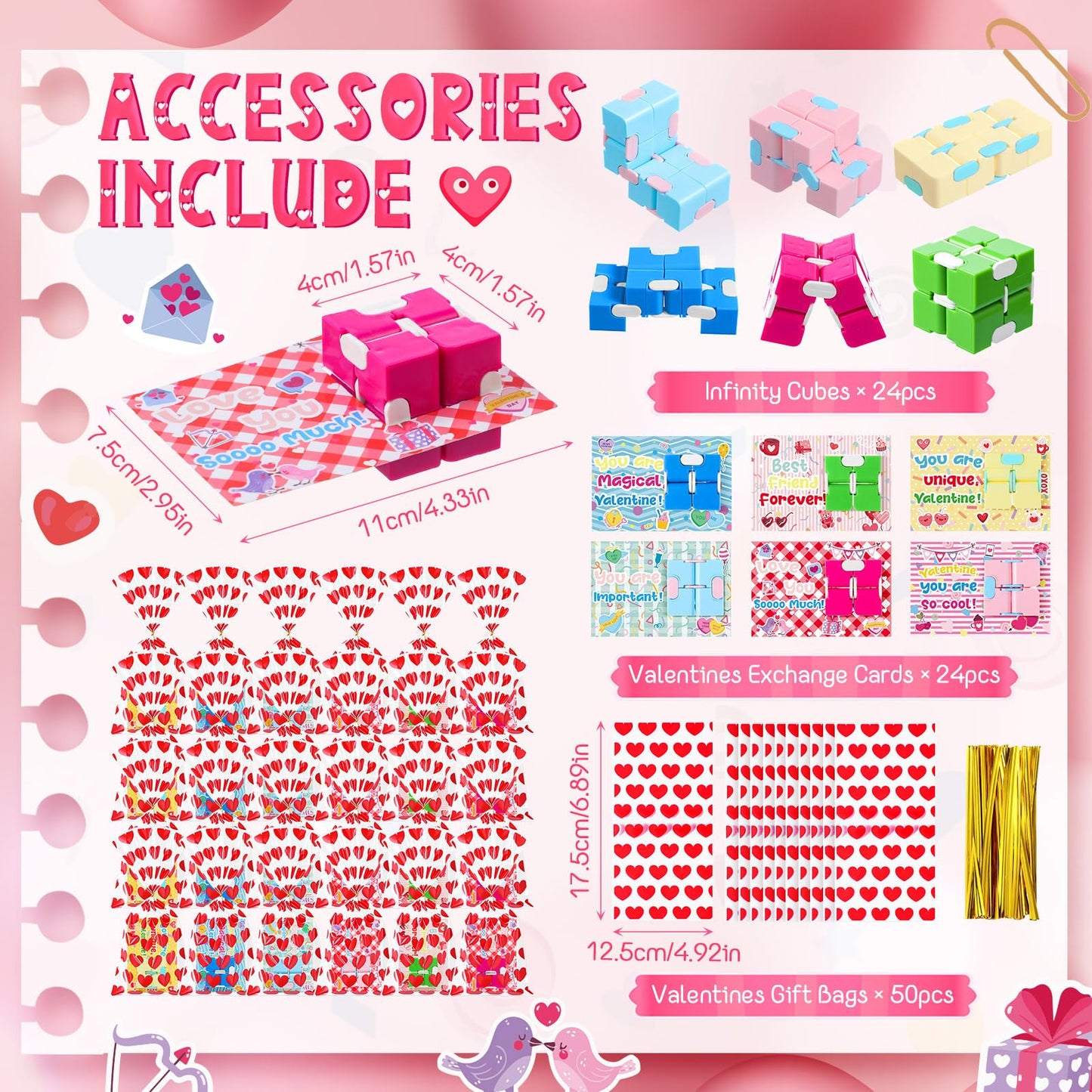 Seenelling 24-Set Valentine Infinity Cubes Gift Set with Cards & Heart Bags
