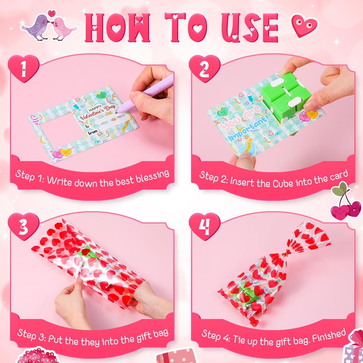 Seenelling 24-Set Valentine Infinity Cubes Gift Set with Cards & Heart Bags