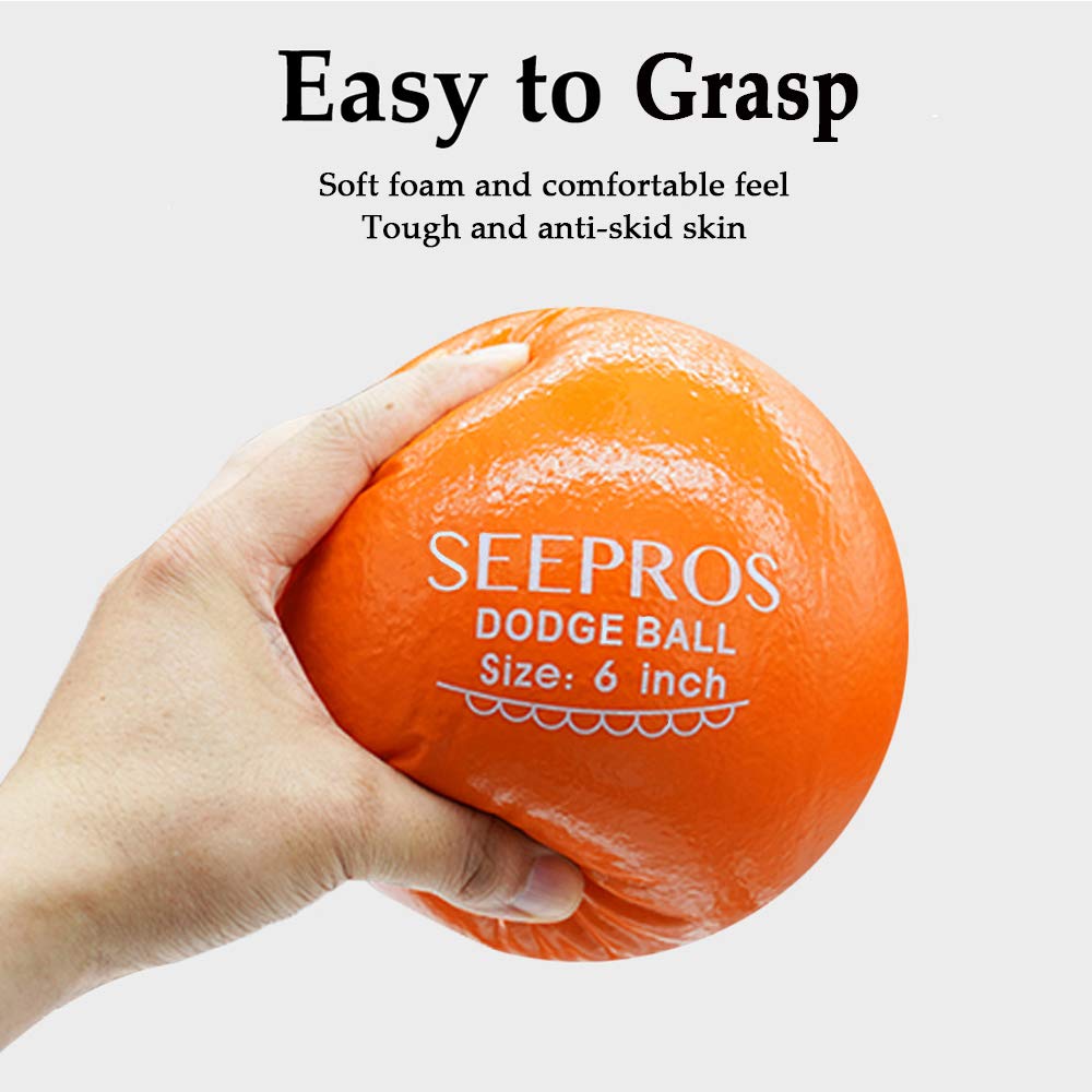 SEEPROS Foam Dodgeball Set — Soft Skin, Low Bounce 6-Inch Balls with Mesh Bag (6 Pack)