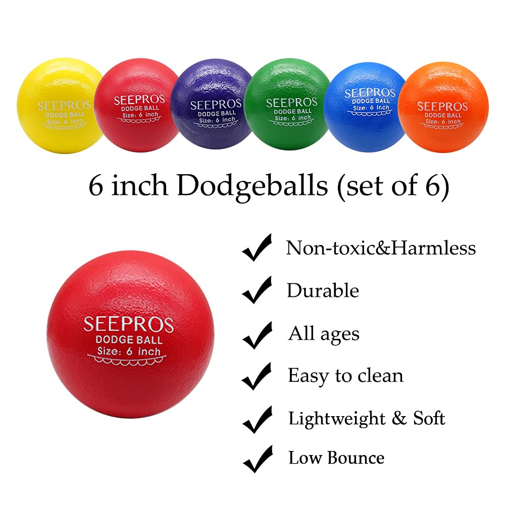 SEEPROS Foam Dodgeball Set — Soft Skin, Low Bounce 6-Inch Balls with Mesh Bag (6 Pack)