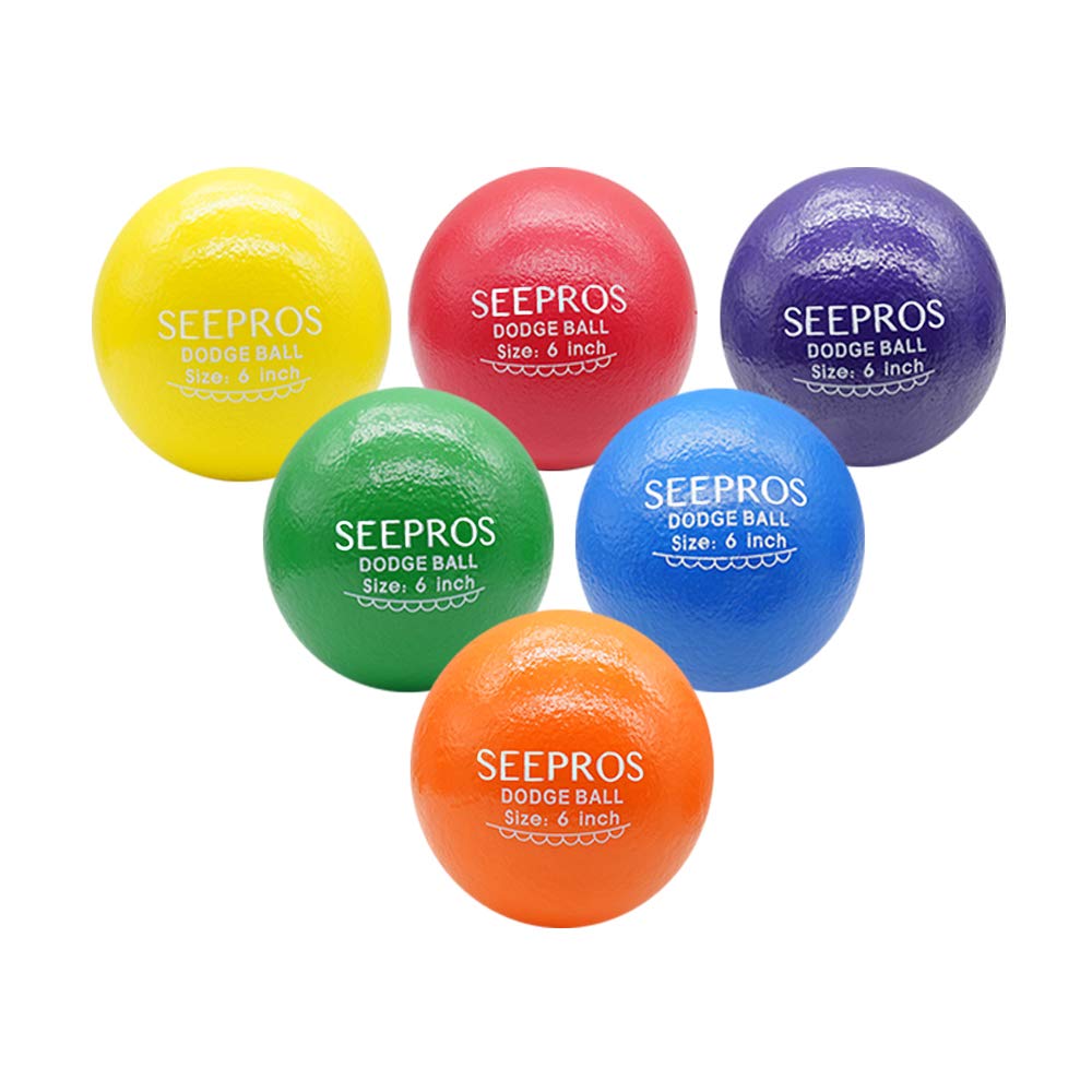 SEEPROS Foam Dodgeball Set — Soft Skin, Low Bounce 6-Inch Balls with Mesh Bag (6 Pack)