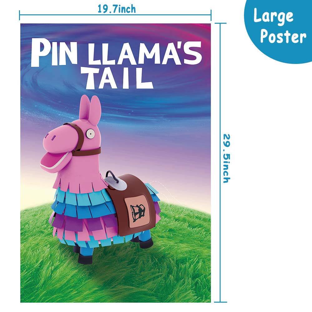 SEETCOMA Video Game Party Supplies – Pin the Tails on Llama Poster & 24 Tails Stickers