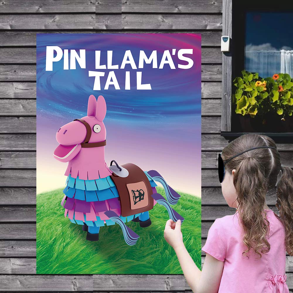 SEETCOMA Video Game Party Supplies – Pin the Tails on Llama Poster & 24 Tails Stickers
