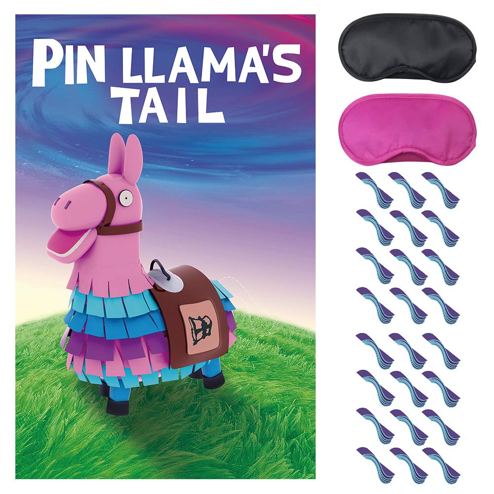 SEETCOMA Video Game Party Supplies – Pin the Tails on Llama Poster & 24 Tails Stickers