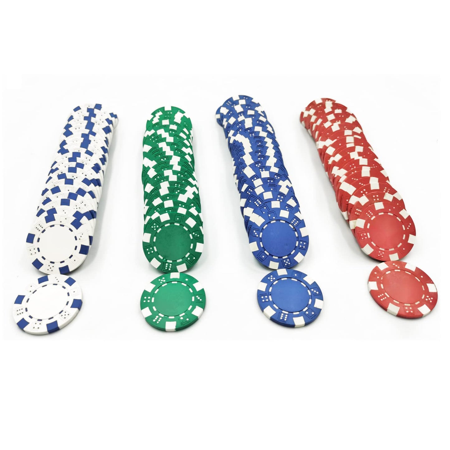 SEETOOOGAMES 100 Pieces Clay Dice-Striped Poker Chips – 4 Colors (Red, Green, White, Blue)