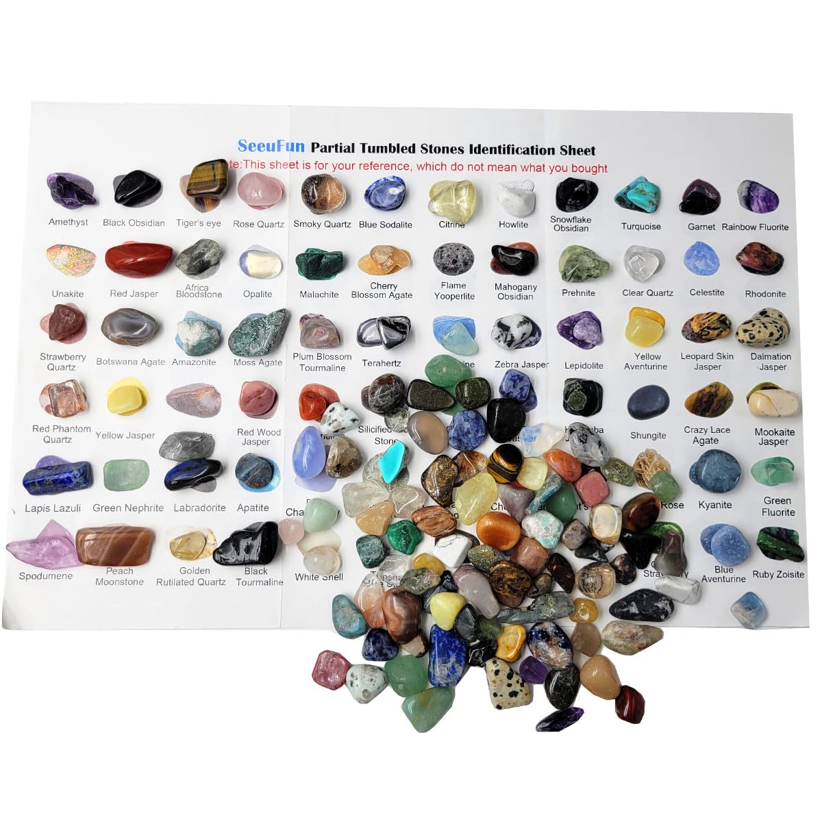 SeeuFun 60Kinds+ Gemstones & Crystals Set — 60-65 Types Bulk Chip Crystals for Jewelry Making & Learning (0.55lb)