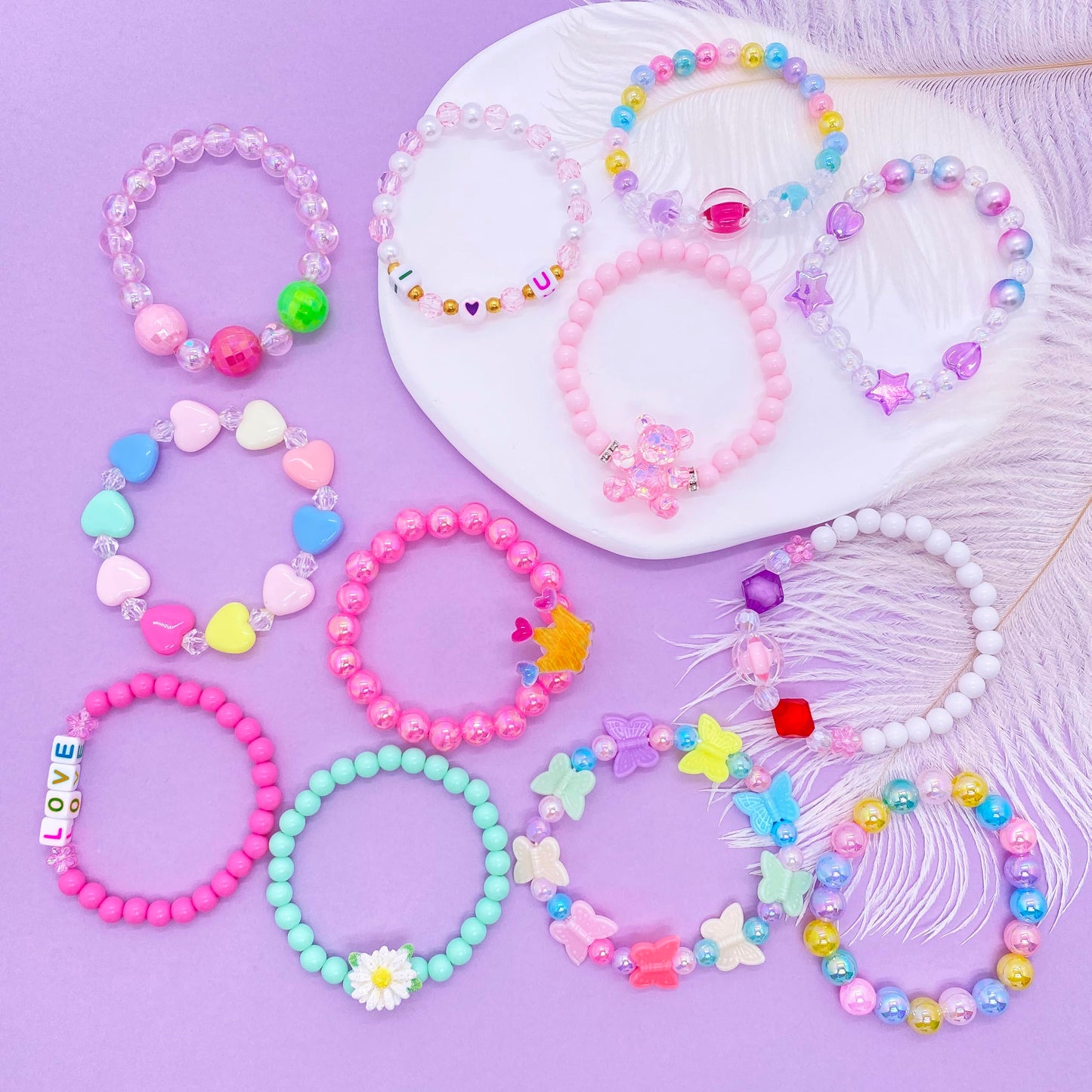 SIELEVIN 12-Piece Kids Beaded Bracelets Set for Girls – Flower Butterfly LOVE Charms