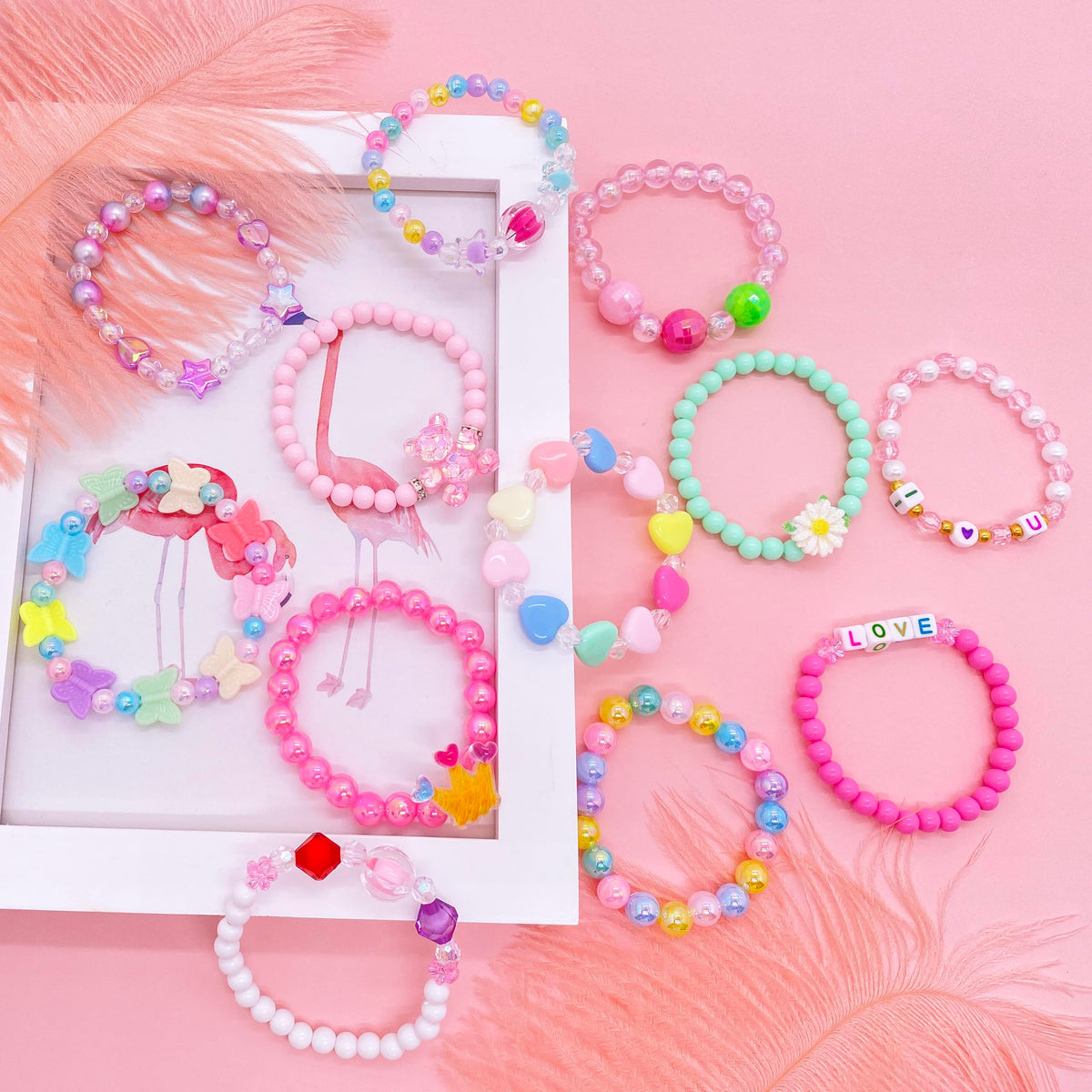 SIELEVIN 12-Piece Kids Beaded Bracelets Set for Girls – Flower Butterfly LOVE Charms
