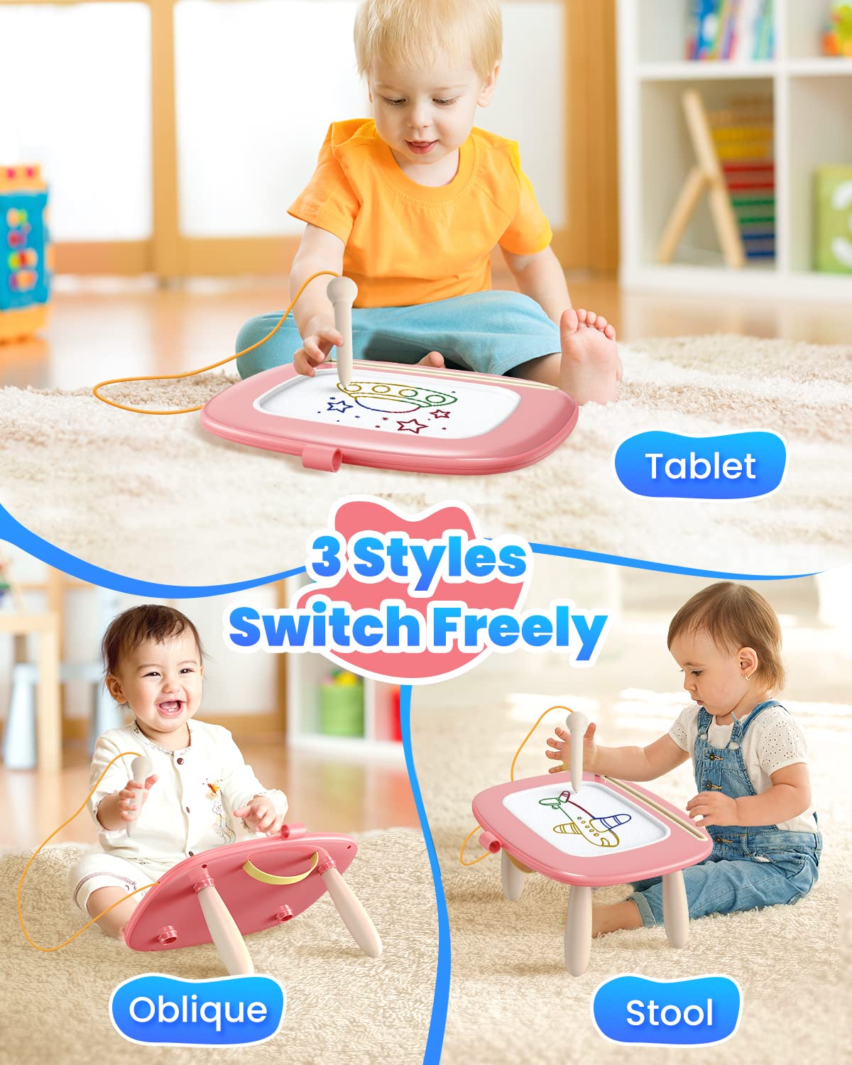 Seimome Magnetic Drawing Board for Toddlers Pink – Learning Doodle Toy for 1-3 Year Olds