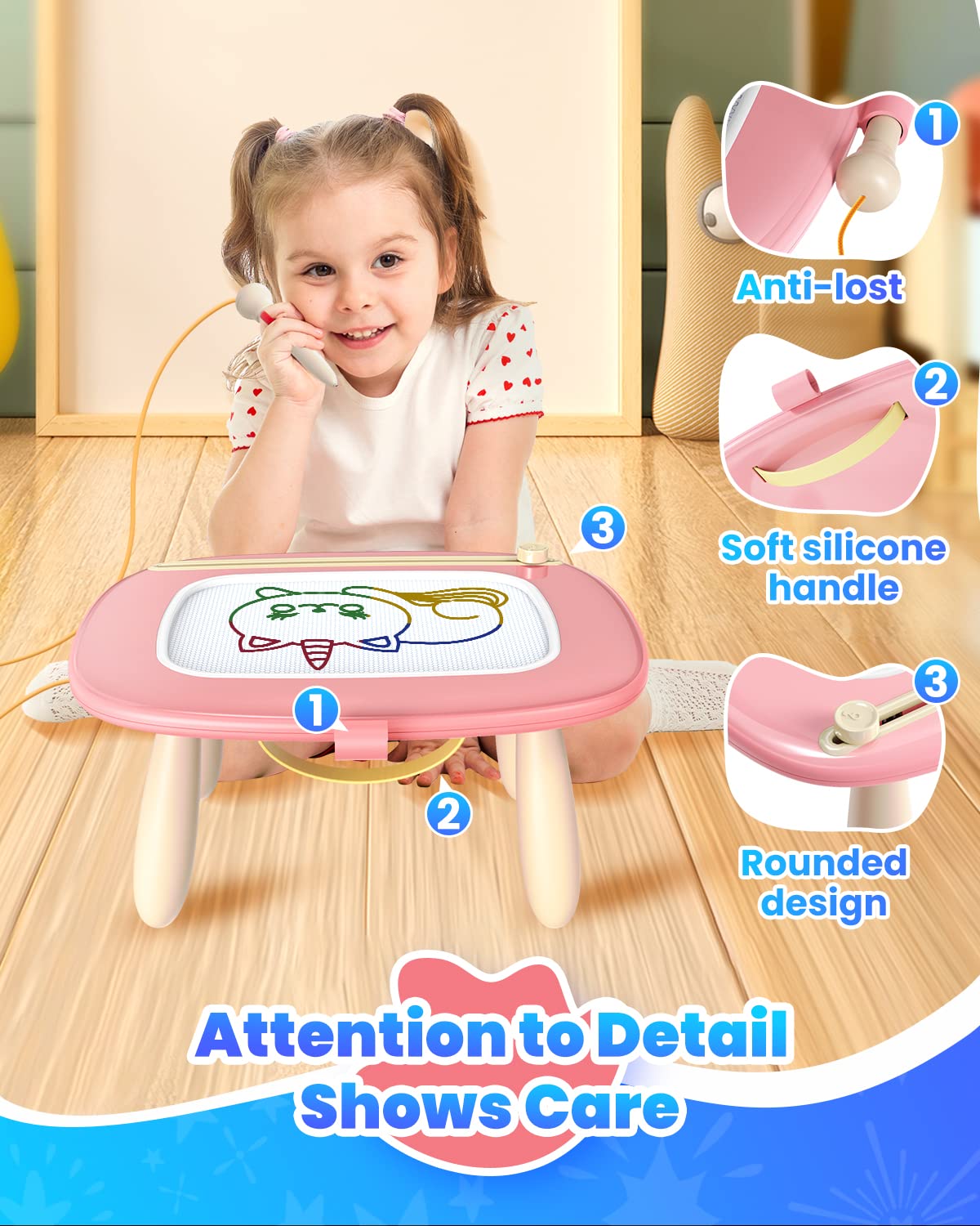 Seimome Magnetic Drawing Board for Toddlers Pink – Learning Doodle Toy for 1-3 Year Olds