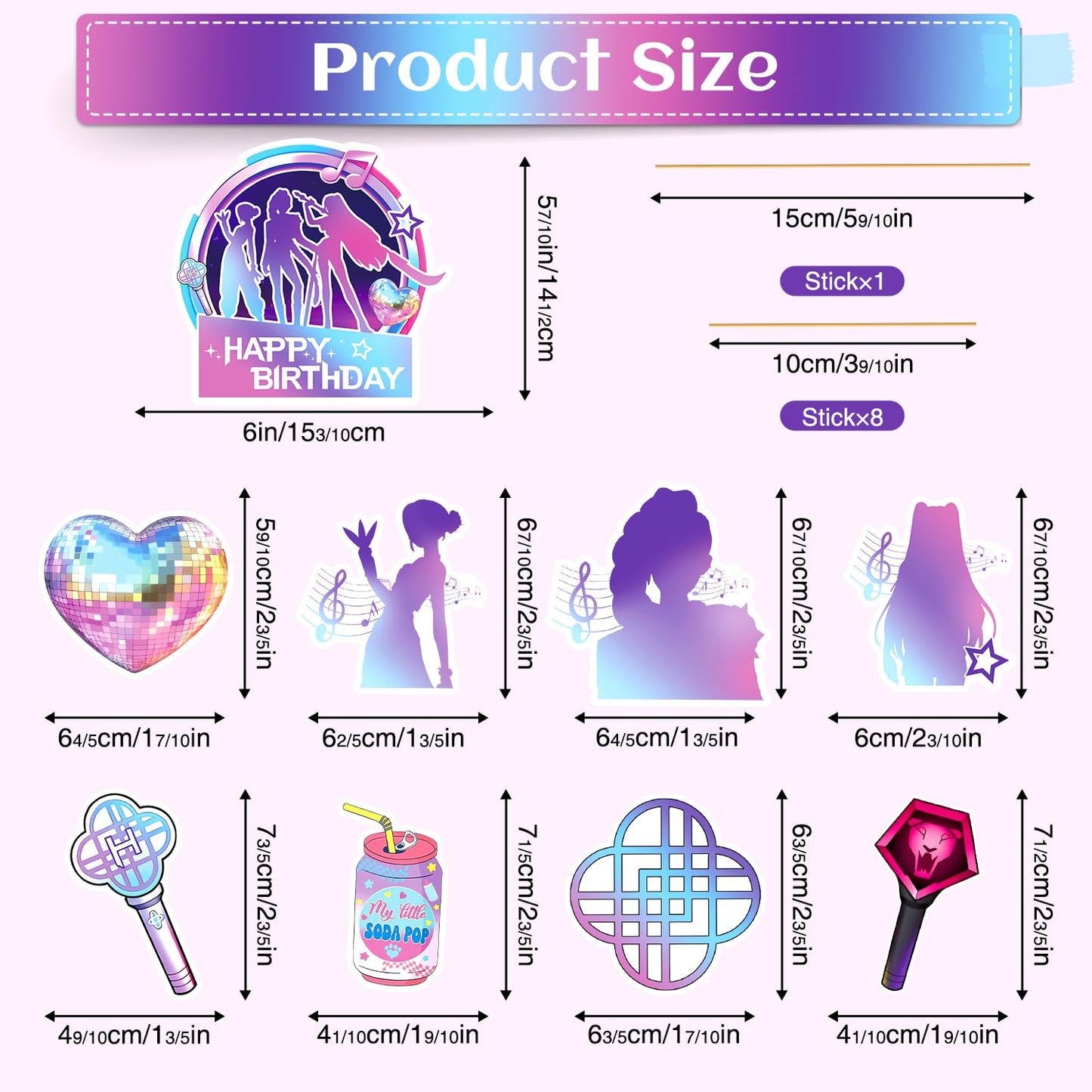 SEL Popular Birthday Cake Topper – Glittery Happy Birthday Topper + 8 Movie Cupcake Toppers for Girls' Parties