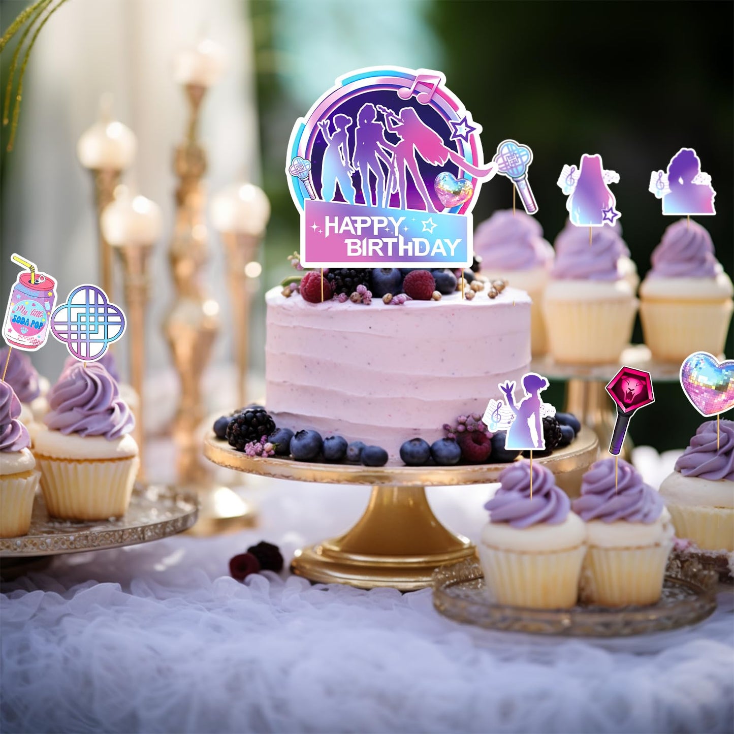 SEL Popular Birthday Cake Topper – Glittery Happy Birthday Topper + 8 Movie Cupcake Toppers for Girls' Parties