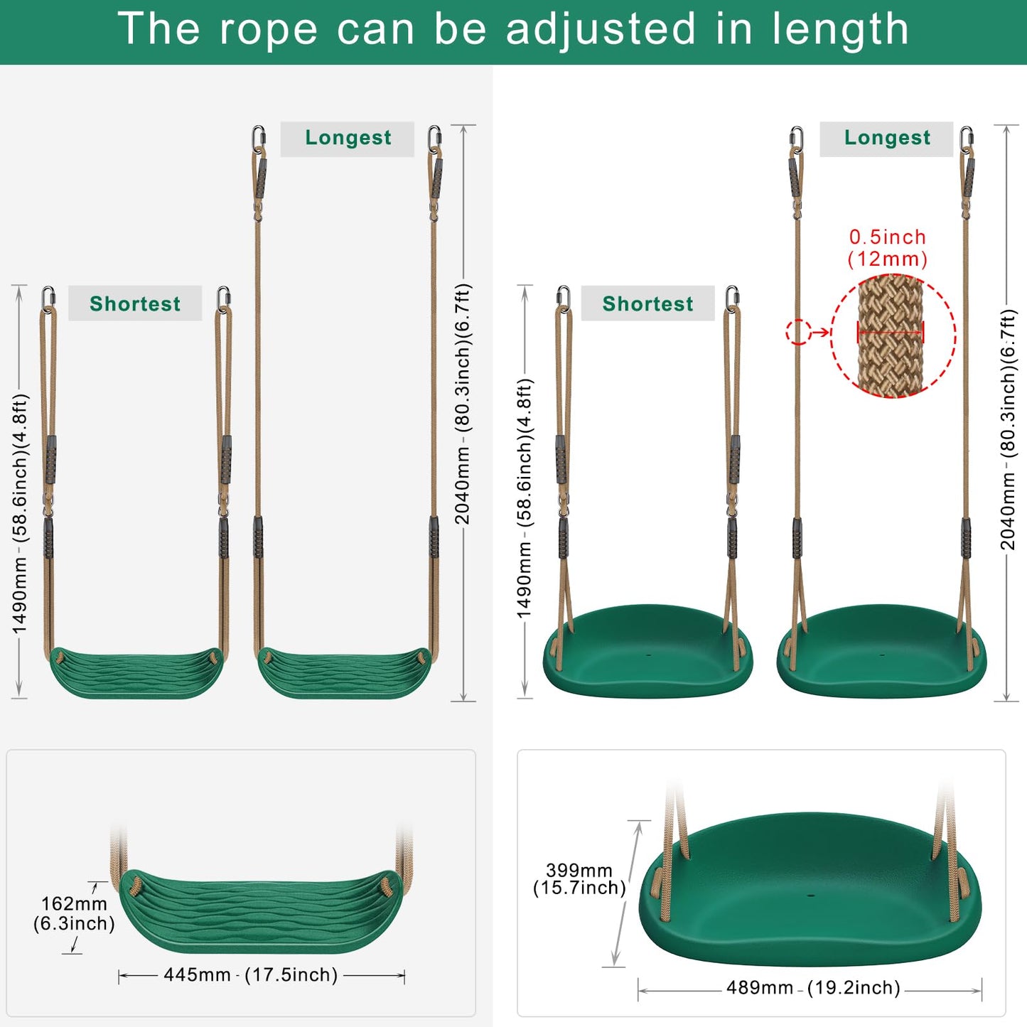 SELEWARE 2-Pack Heavy Duty Plastic Swing Seats with Adjustable Rope & Quick Connect