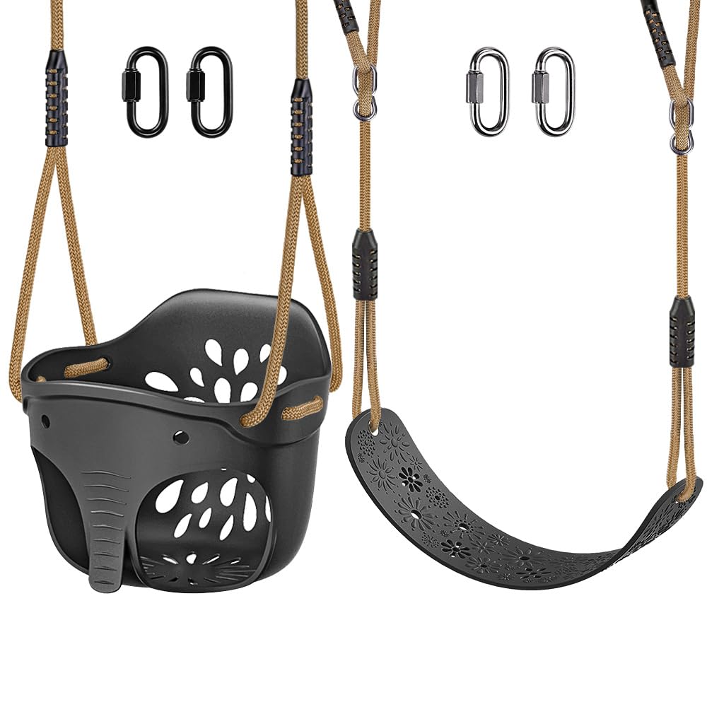 SELEWARE Toddler Swing Seat 2-Pack – High Back Buckets, Adjustable Rope & 4 Carabiners, Elephant Design