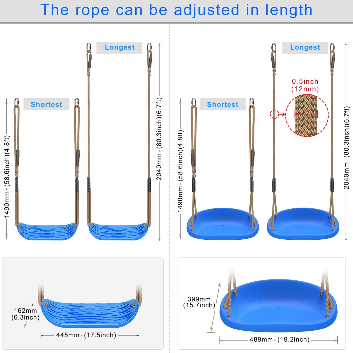 SELEWARE 2-Pack Adjustable Rope Swing Seats – Heavy-Duty, Blue
