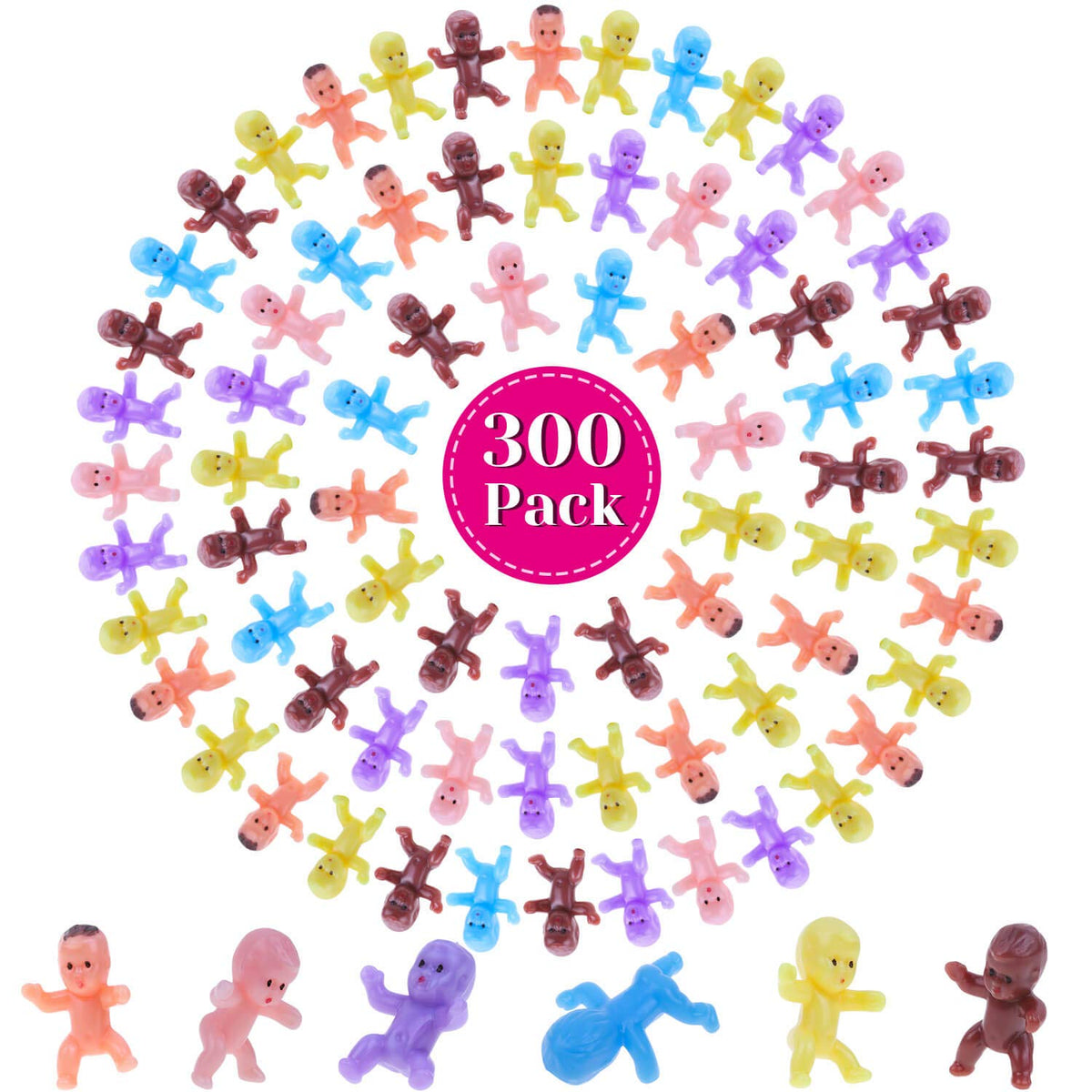 Selizo Mini Plastic Babies for Baby Shower — 300 Tiny Figures in 6 Colors