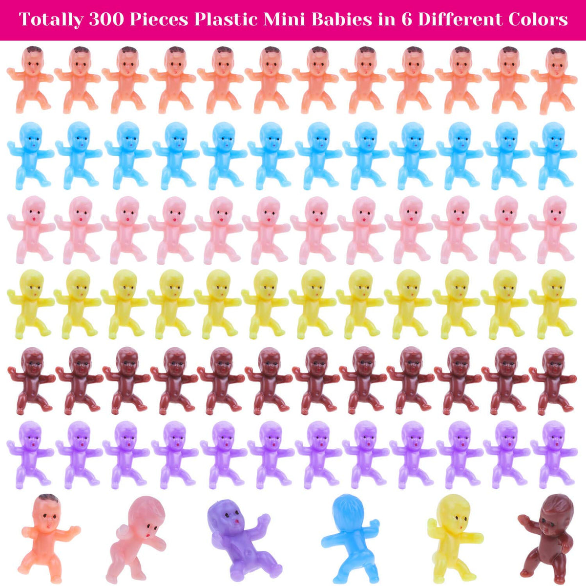 Selizo Mini Plastic Babies for Baby Shower — 300 Tiny Figures in 6 Colors
