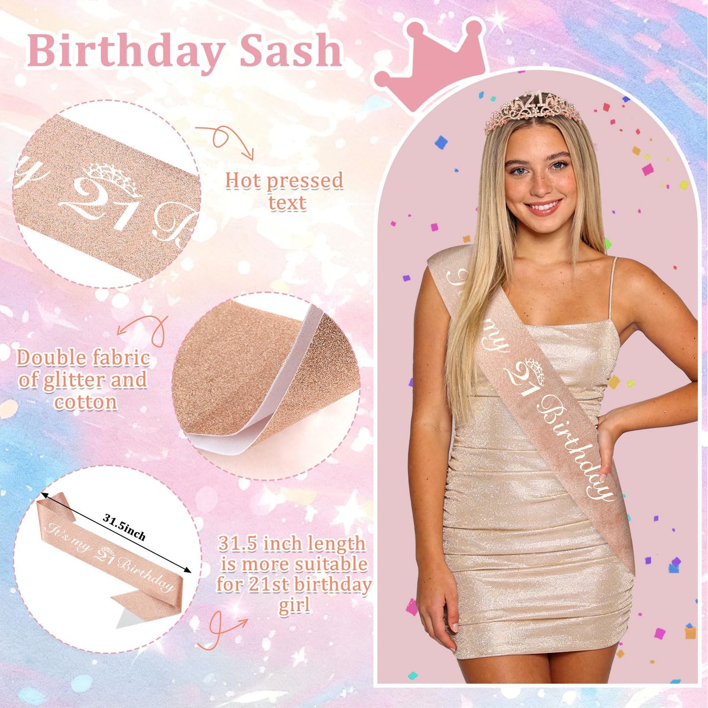 Semato Rose Gold 21st Birthday Sash & Crown Kit – Sash and Tiara Decorations for Her