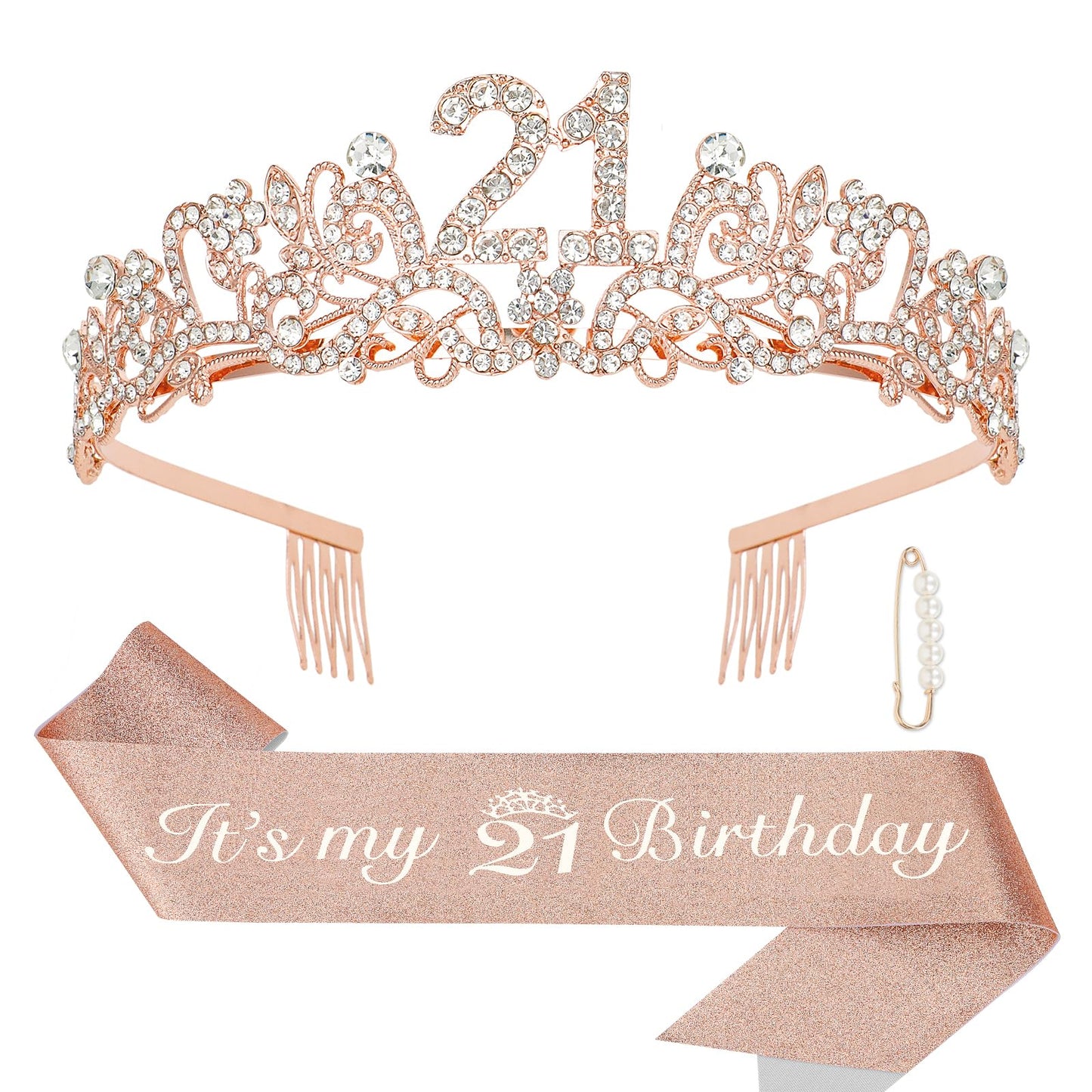 Semato Rose Gold 21st Birthday Sash & Crown Kit – Sash and Tiara Decorations for Her