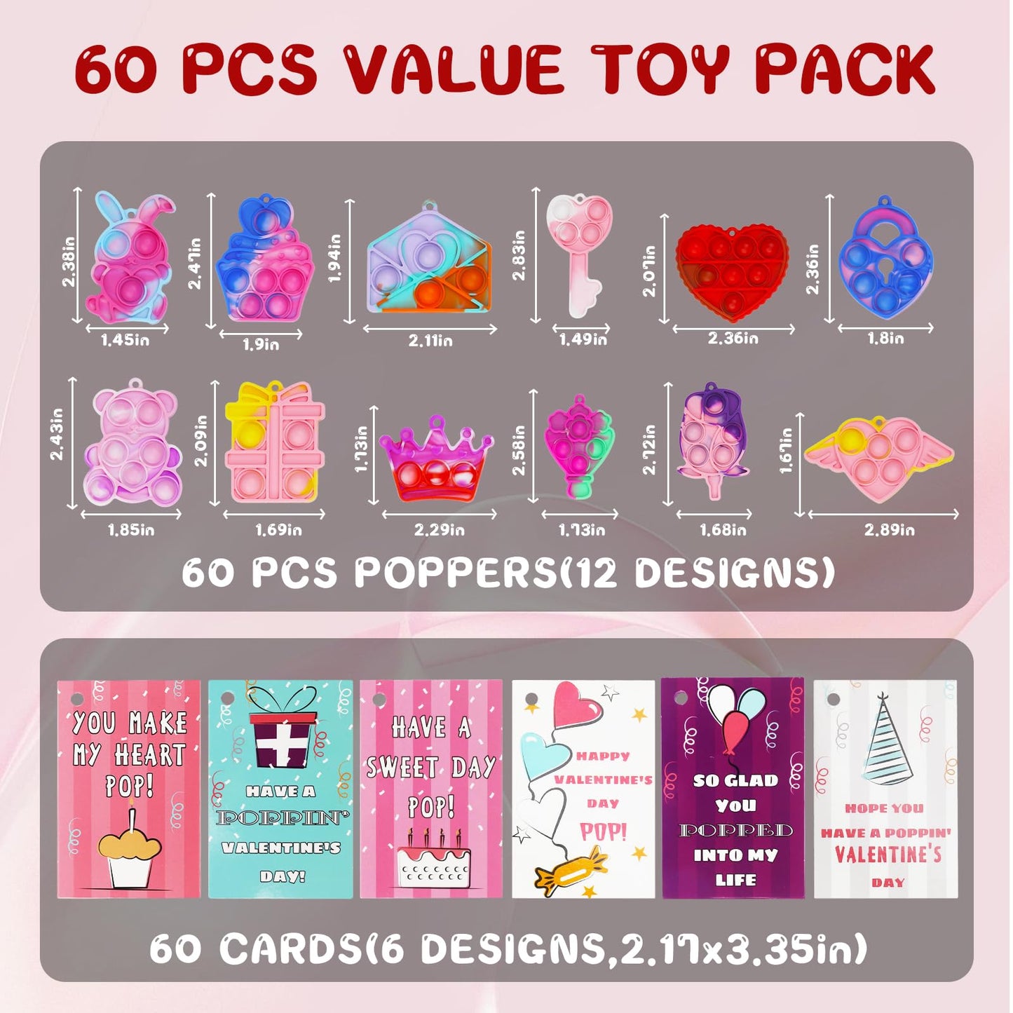 SEMITIMES 120-Pack Valentines Day Gifts for Kids | Fidget Bubble Keychains & Cards Bulk