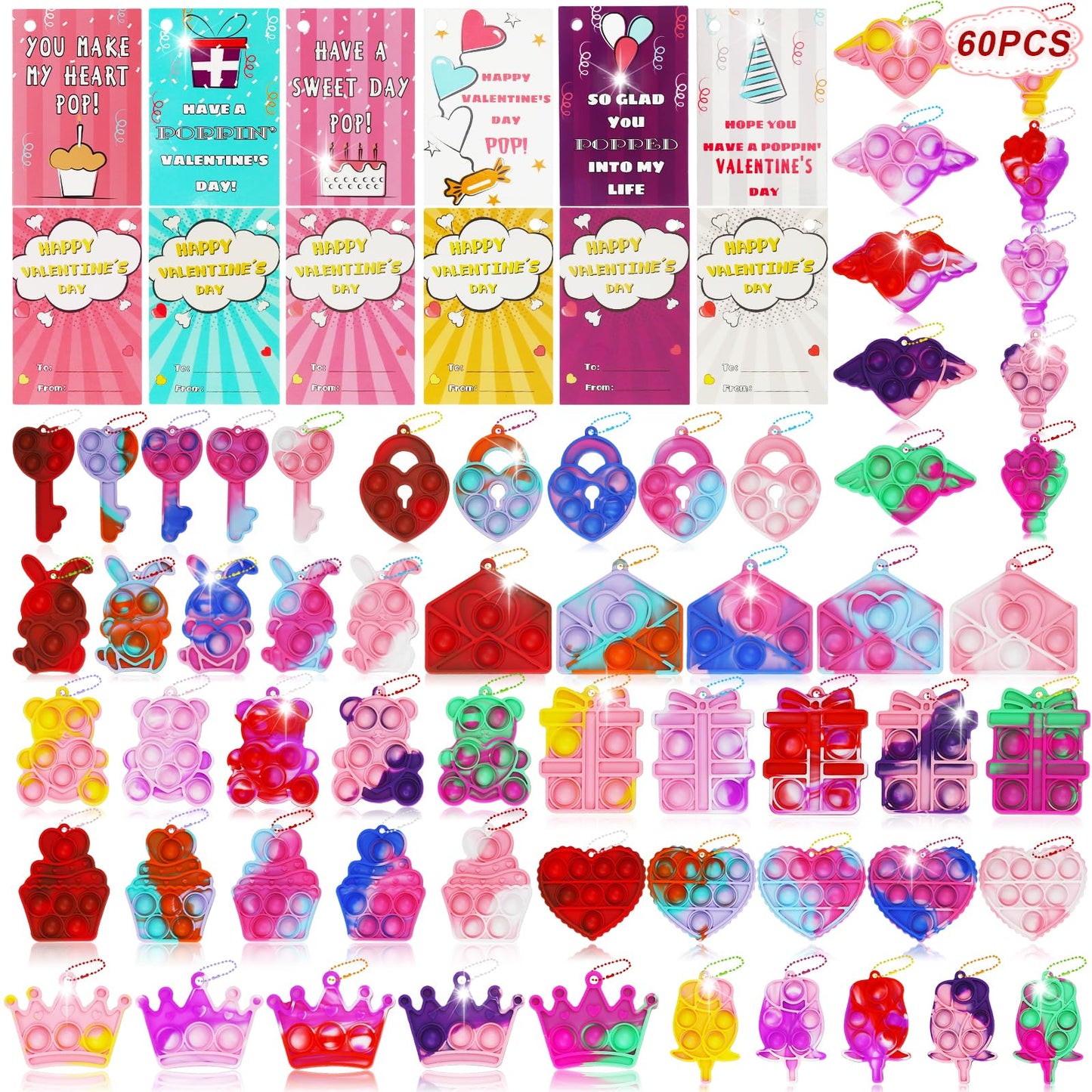 SEMITIMES 120-Pack Valentines Day Gifts for Kids | Fidget Bubble Keychains & Cards Bulk