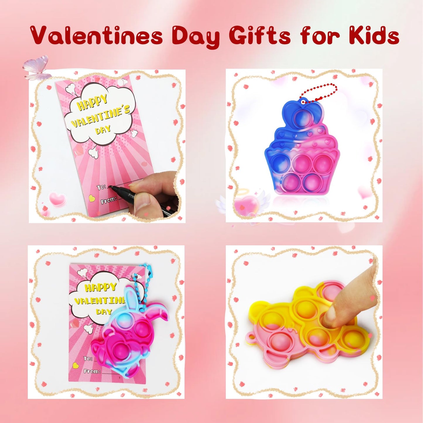 SEMITIMES 120-Pack Valentines Day Gifts for Kids | Fidget Bubble Keychains & Cards Bulk