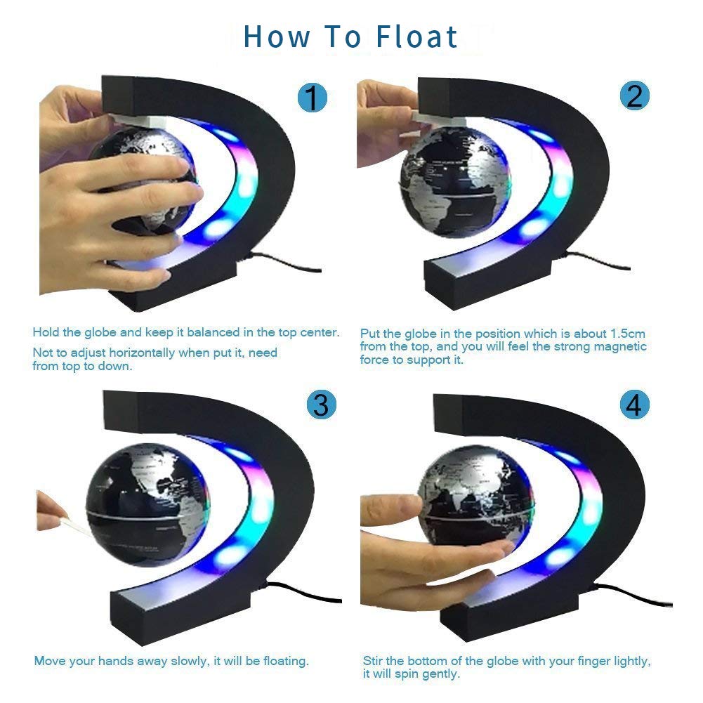 Senders Floating Globe with LED Lights — Magnetic Levitation Desk Decor (C-Shape Frame, Black-Silver)