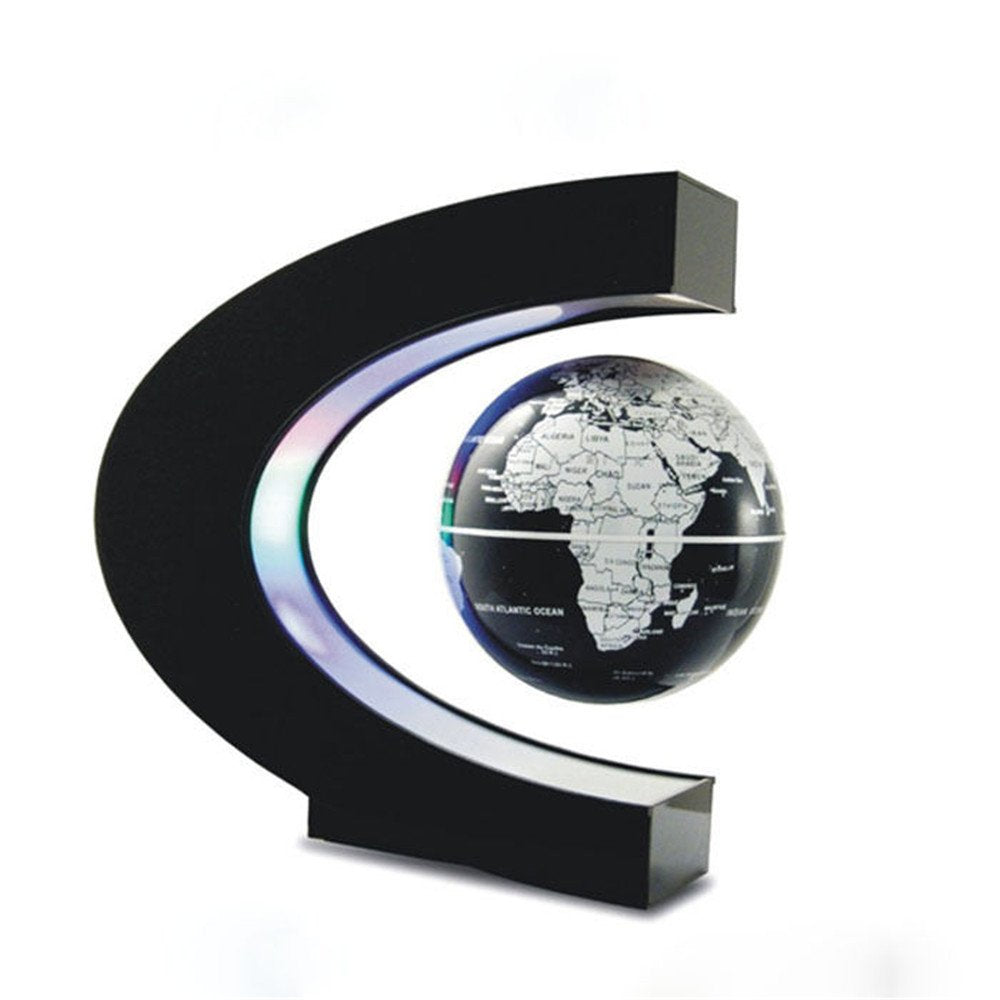 Senders Floating Globe with LED Lights — Magnetic Levitation Desk Decor (C-Shape Frame, Black-Silver)