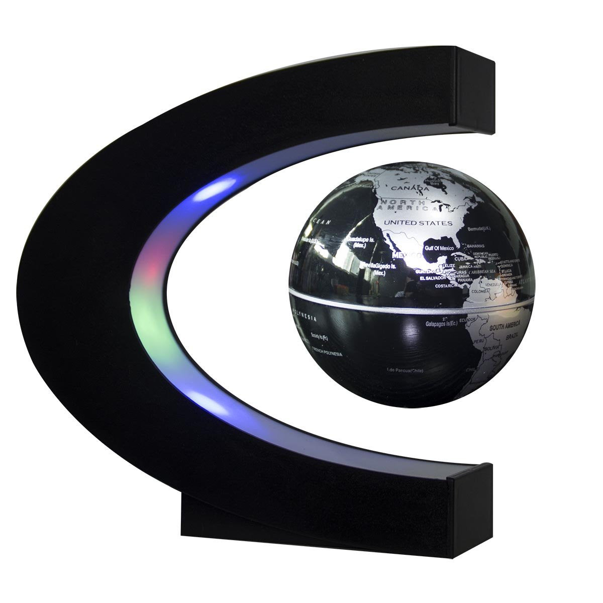 Senders Floating Globe with LED Lights — Magnetic Levitation Desk Decor (C-Shape Frame, Black-Silver)