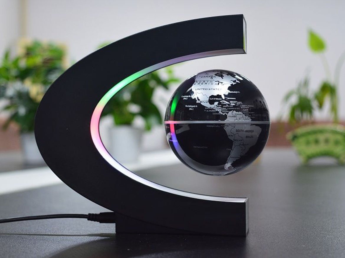 Senders Floating Globe with LED Lights — Magnetic Levitation Desk Decor (C-Shape Frame, Black-Silver)