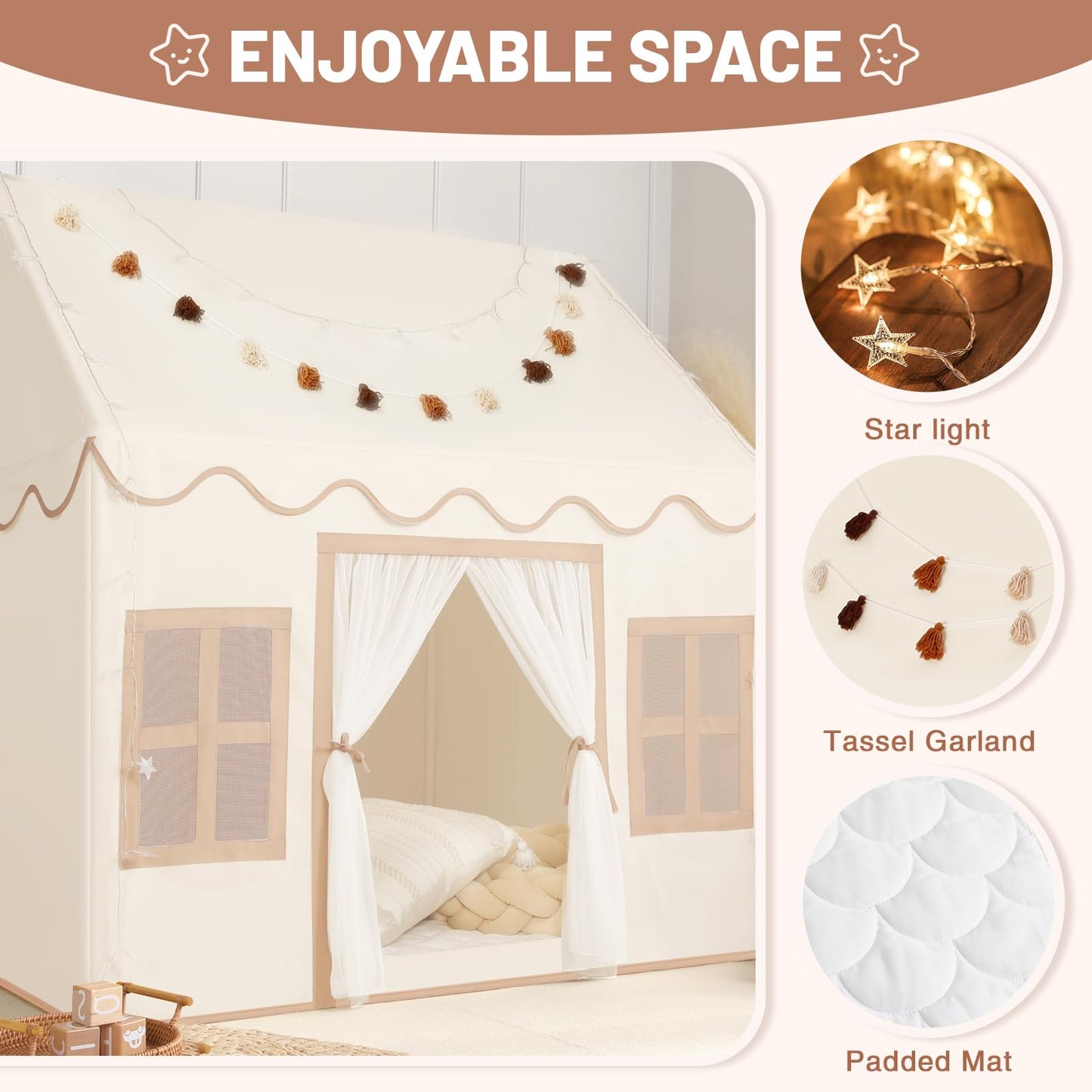 Senodeer Kids Indoor Play Tent with Mat, Tassel Garland & Star Lights