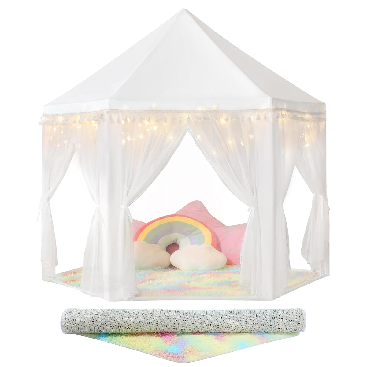 Senodeer Princess Tent for Girls Indoor – Castle Play Tent with Rainbow Rug & Star Lights