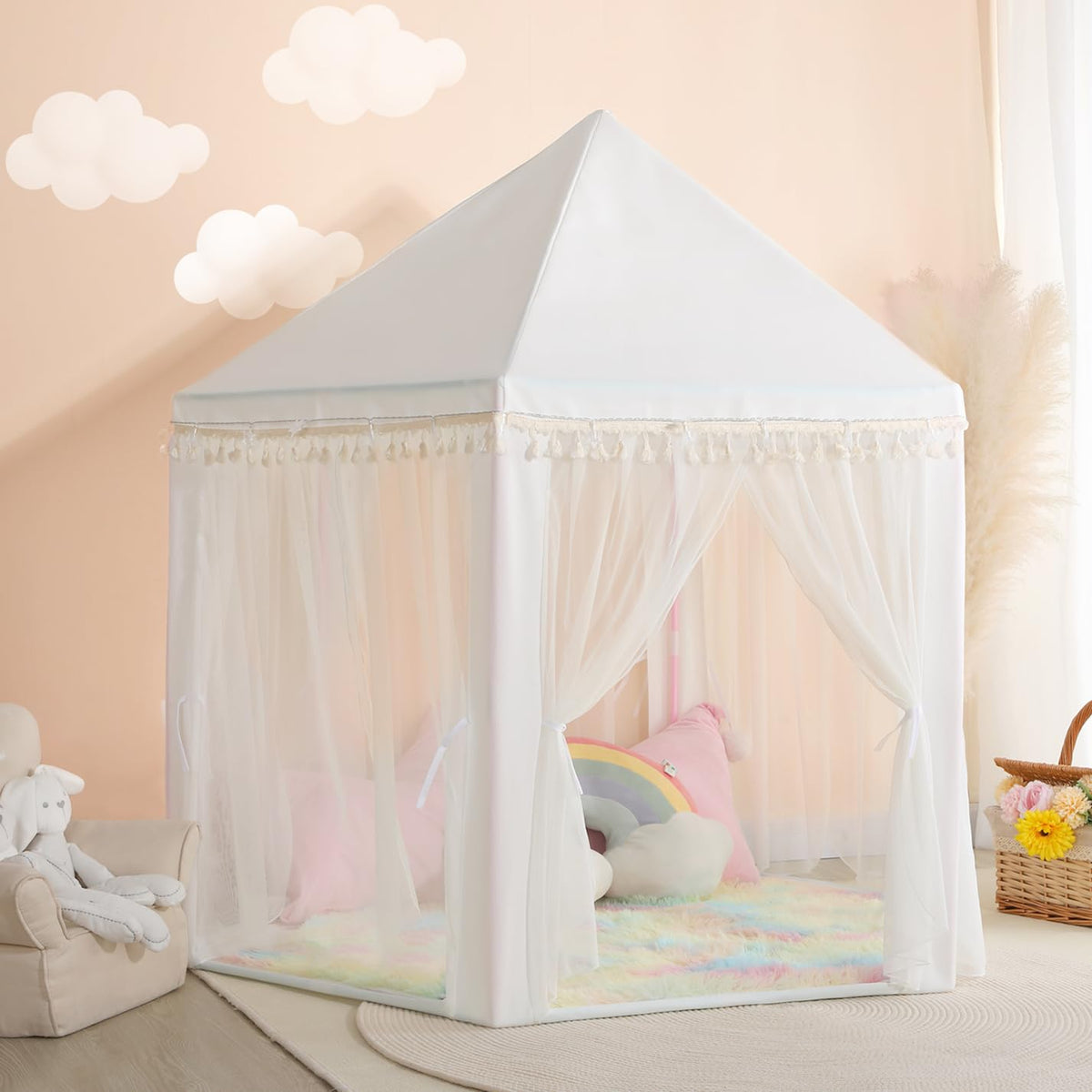 Senodeer Princess Tent for Girls Indoor – Castle Play Tent with Rainbow Rug & Star Lights