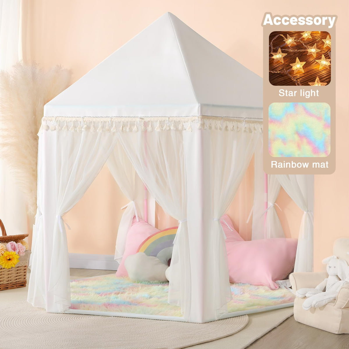 Senodeer Princess Tent for Girls Indoor – Castle Play Tent with Rainbow Rug & Star Lights