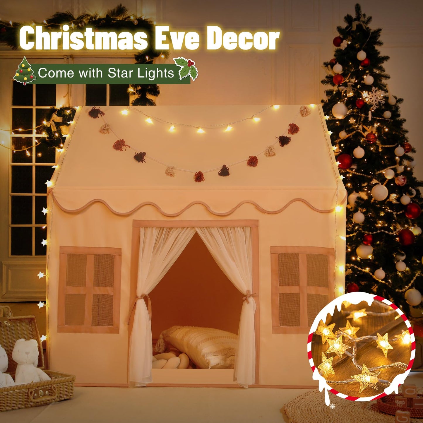 Senodeer Kids Indoor Play Tent with Mat, Tassel Garland & Star Lights