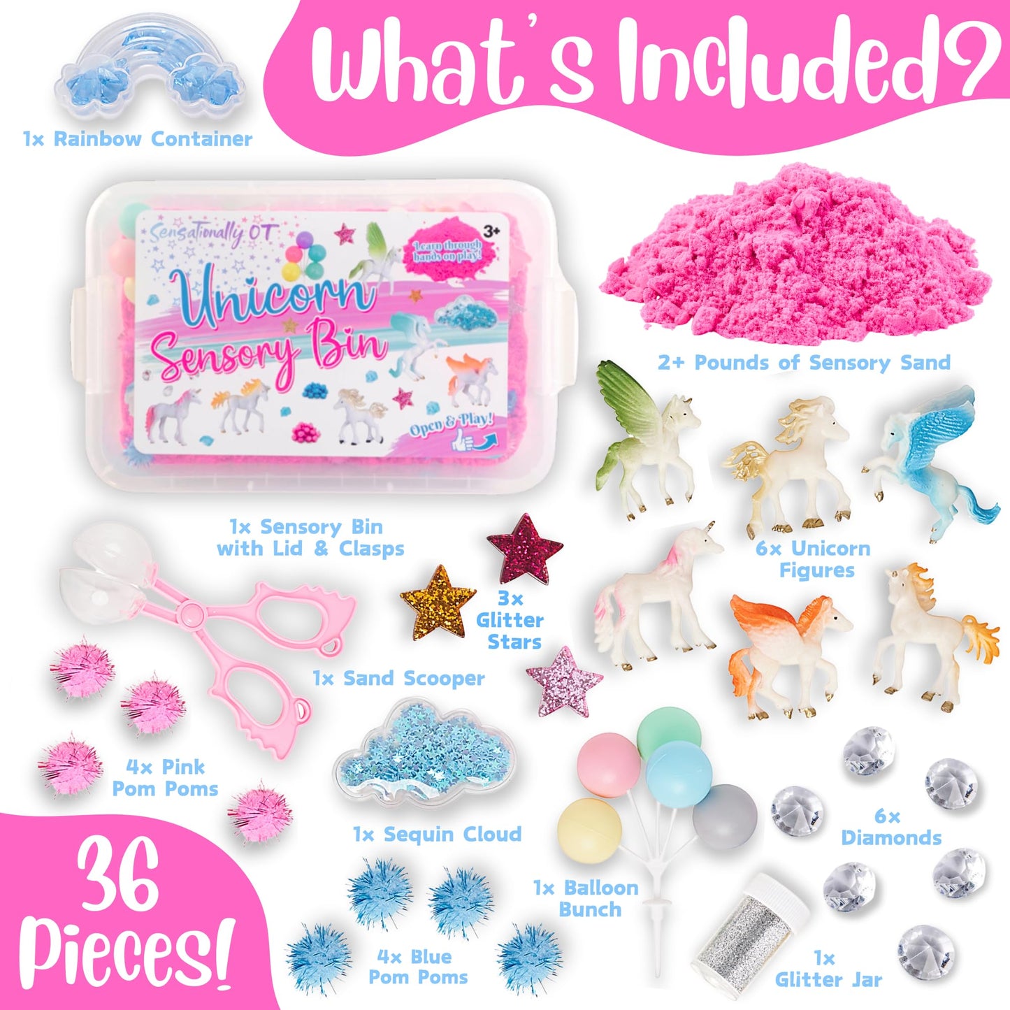 Sensationally OT Unicorn Sensory Sand Bin – 38-piece Set with 2 lb Magic Sand