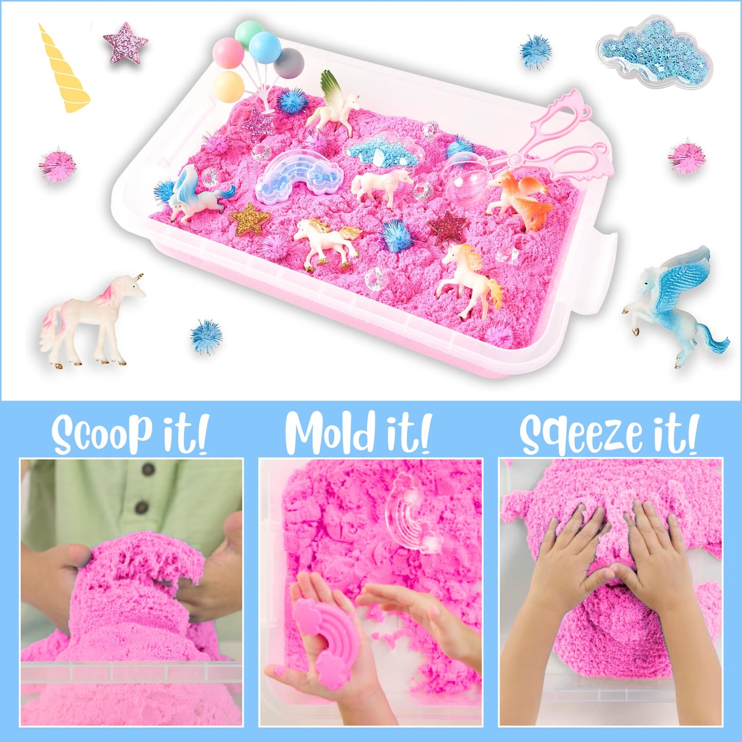 Sensationally OT Unicorn Sensory Sand Bin – 38-piece Set with 2 lb Magic Sand