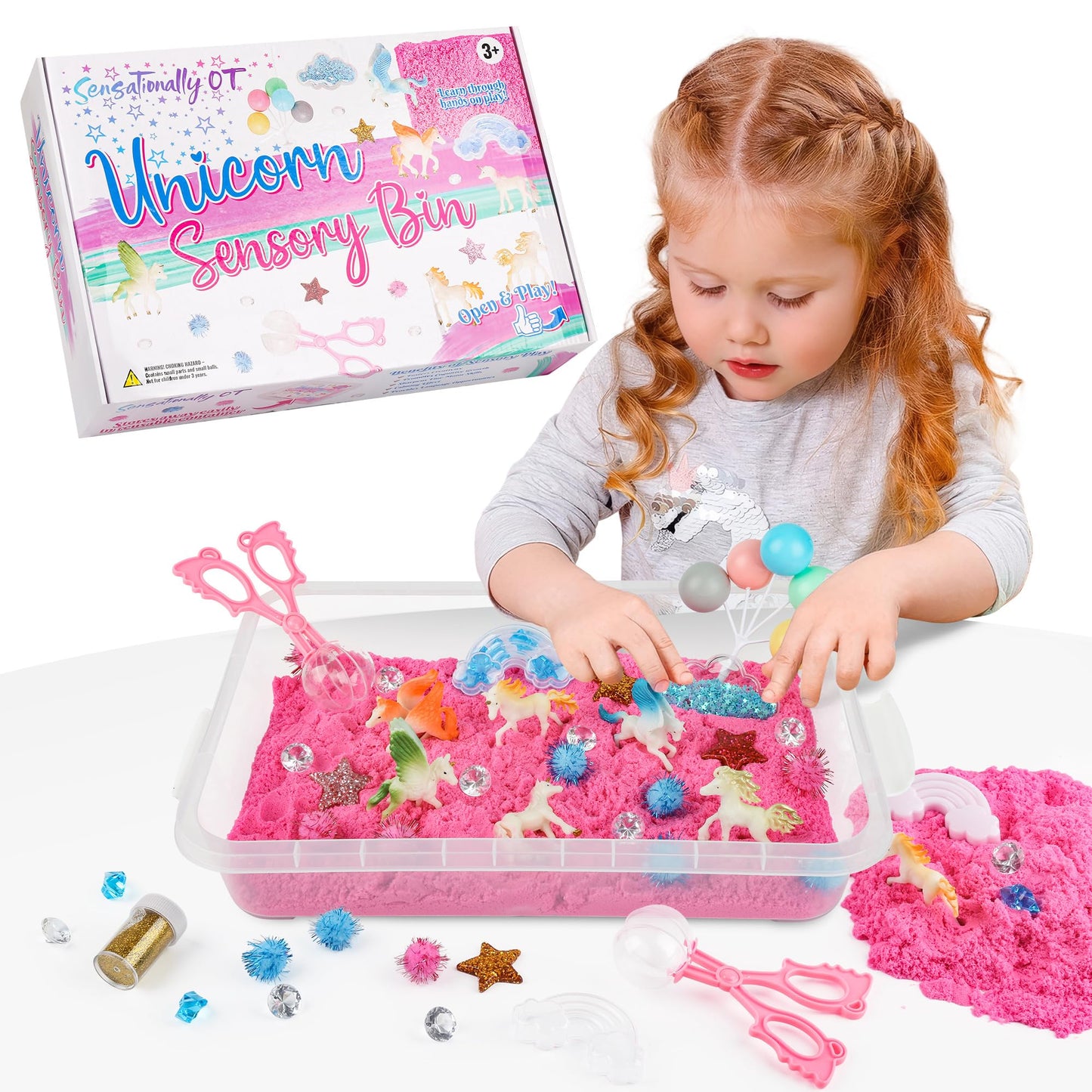 Sensationally OT Unicorn Sensory Sand Bin – 38-piece Set with 2 lb Magic Sand