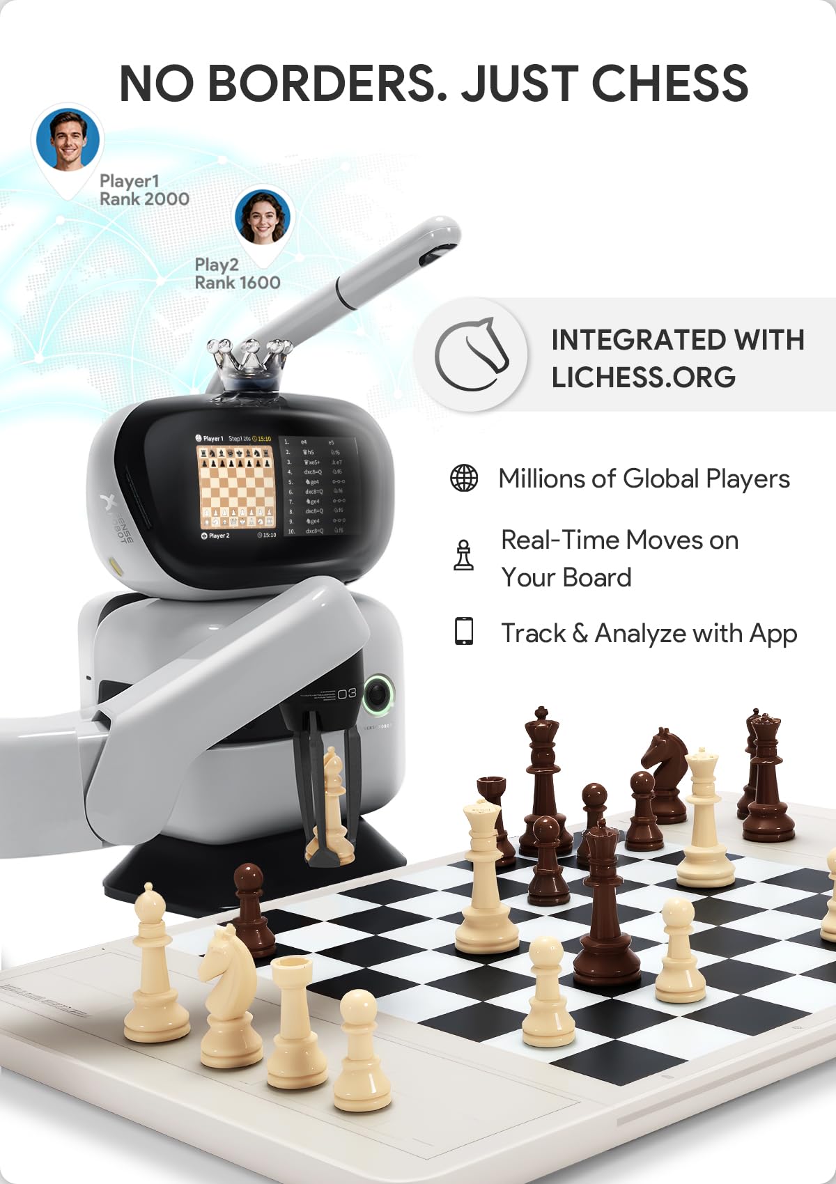 Sense Robot AI Chess Robot with Robotic Arm – 25 AI Levels, 1200+ Exercises, Lichess Integration