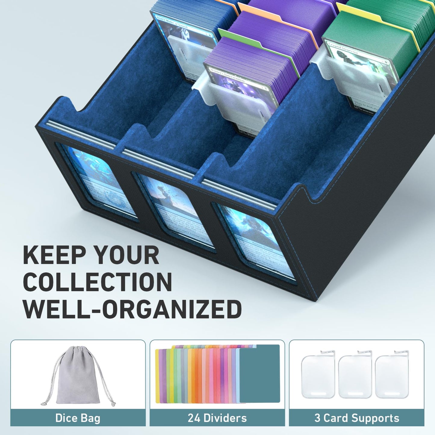 SENVINI 3-Row Trading Card Storage Box – 2400+ Card Organizer with 3 Supports & 24 Dividers