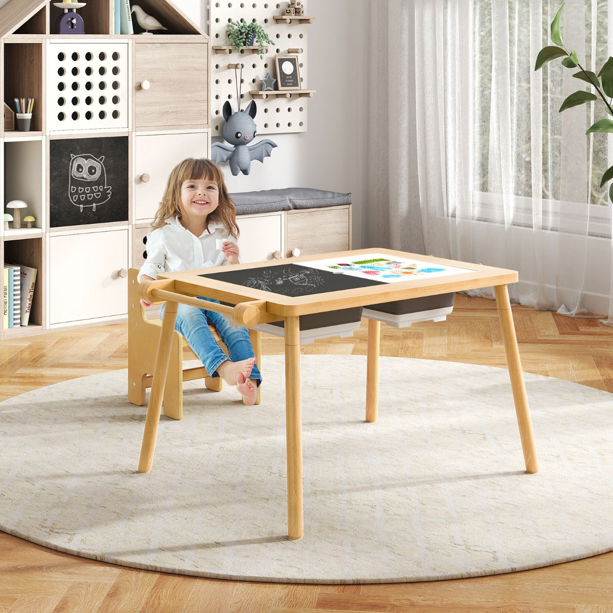 Sensory Table and Chair Set with Foldable Bins for Kids 2-8-Natural